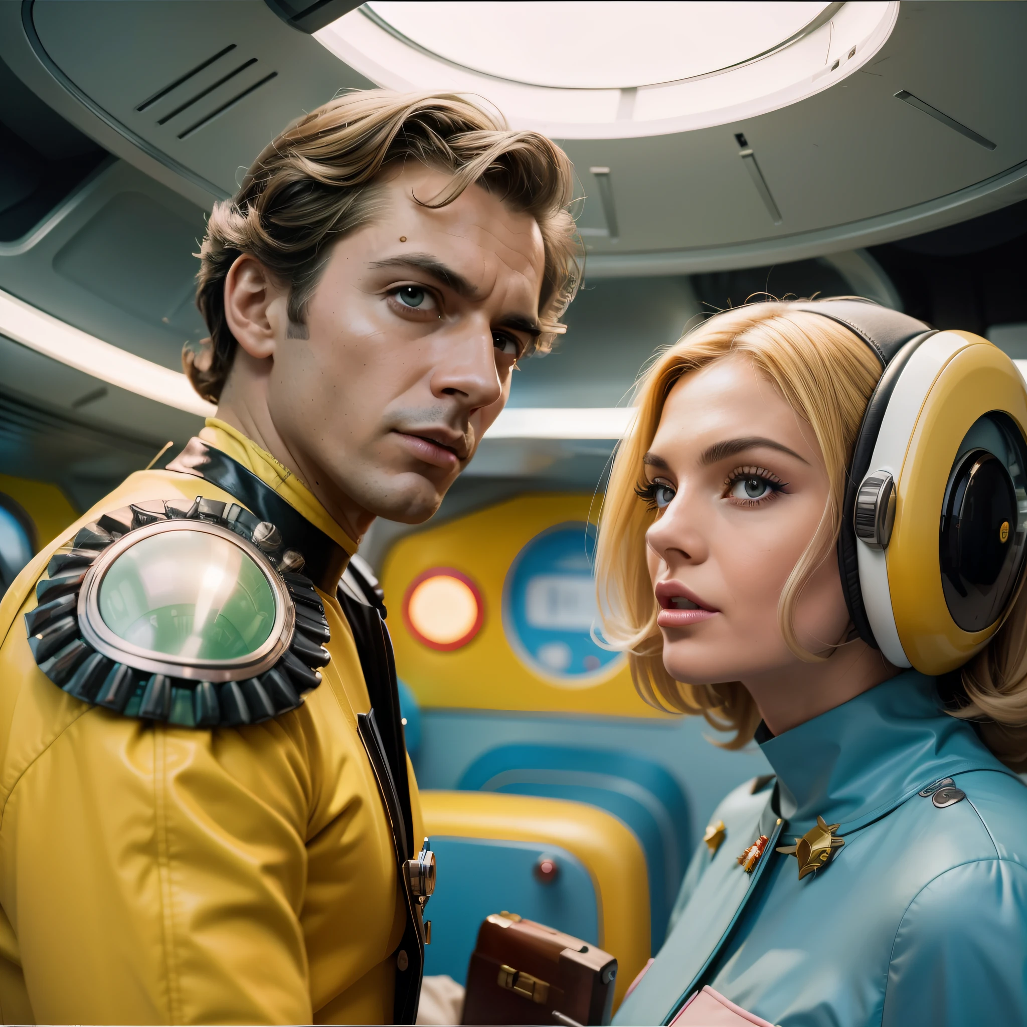 4k image of a 1960s science fiction film by Stanley Kubrick, Filme O Grande Hotel Budapeste, pastels colors, A man and a woman wearing retrofuturistic alien masks and holding colorful suitcases and chests on the bus, Retro-futuristic fashion clothes from the 60s with old robots, Luz Natural, Psicodelia, futurista estranho, retro-futurista, photo-realistic, Sharp background details.