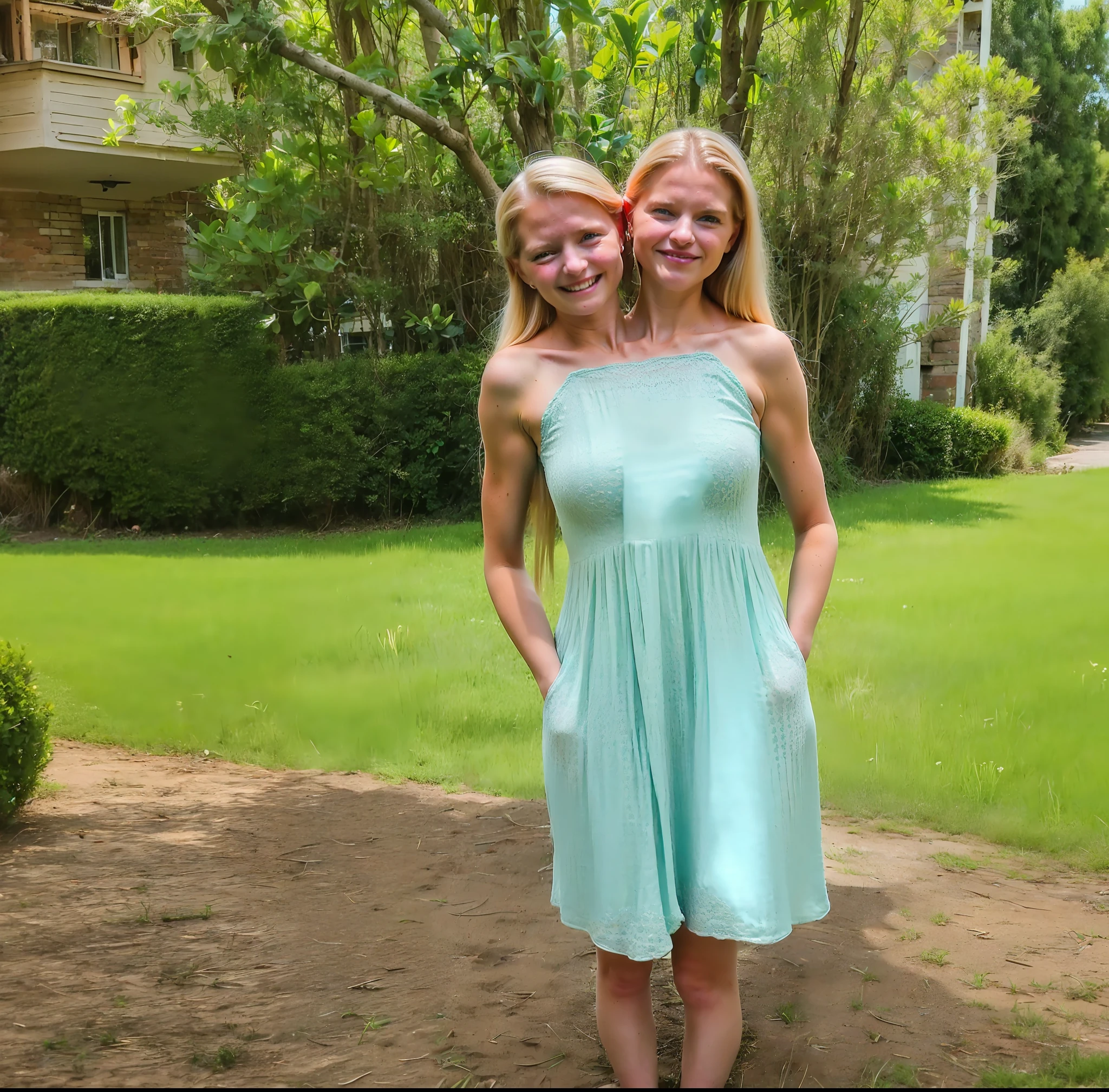 2heads, two headed girl, (mom and daughter who are conjoined:1.5), (daughter is a child:1.5), (female:1.5), (blonde:1.5), (two heads attached to one body:1.4), conjoined twins, heads side by side, one body, young, uncomfortable, barefoot