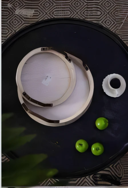 On the black round table are two bowls and two green apples, on a wooden tray, wooden bowl, sunlights, on a wooden plate, Ori, Irregular, loopy, natural soft rim light, bird's eyes view, sunny light, rhythm, artisans, circle, flat lay, planetes, Accessories, round form, Product photo, A detailed, akiman, Ivory and ebony