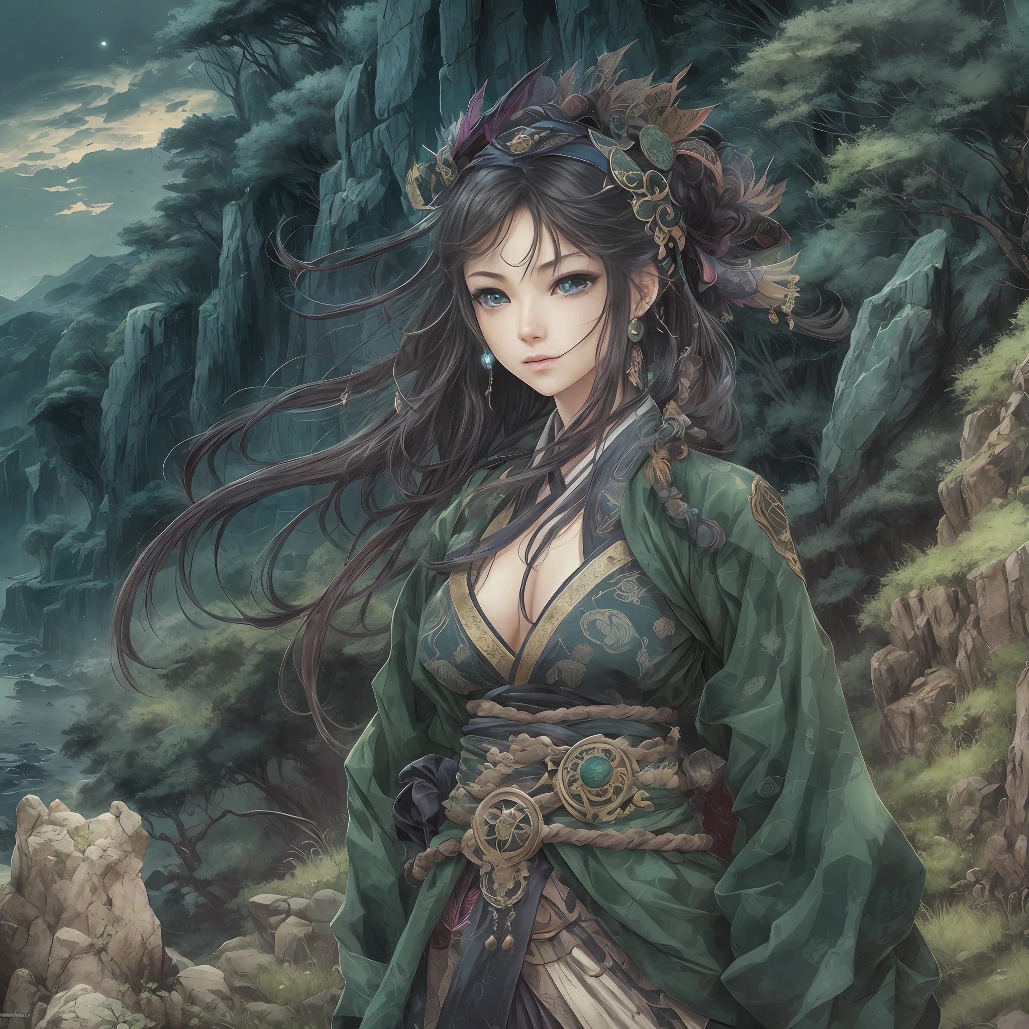 mystic ninja，Detailed face，Detailed eyes，Clear eyes，Gui Zen，Exotic beasts of mountains and seas，Dark green and black details, Loose and thick clothing covers the body，standing on cliff，Bask in the luxury of Yoshitaka Amano in the moonlight，fanciful，sci-fy，the complex background（full bodyesbian），((dynamicposes))，Colorful wallpapers，Highly detailed，Masterpiece，best qualtiy，art  stations