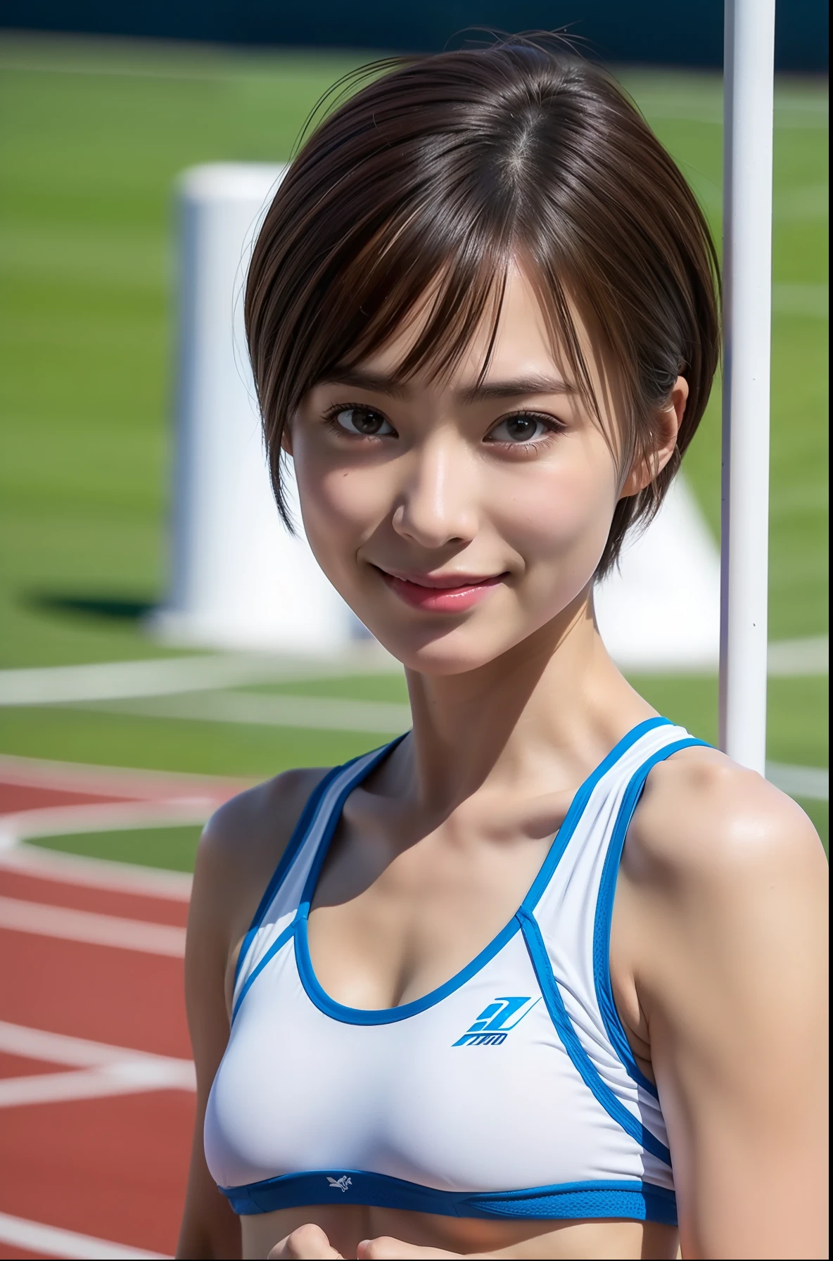 ((Track & Field Athletes Women))、(((1人)))、track and field uniform、((stadium))、kawaii、A slight smil、Beautiful breasts、full bodyesbian、athletic field、(((underpants)))、((Outstanding style))、((Healthy body))、((Short-cut hairstyles)) 、Women in Japan、Photorealsitic、Beautiful detailed eyes、Hyper-Realism、highcontrast、Ultra HD、realistic skin textures、Top image quality、top-quality、超A high resolution、Fine details、Very meticulously