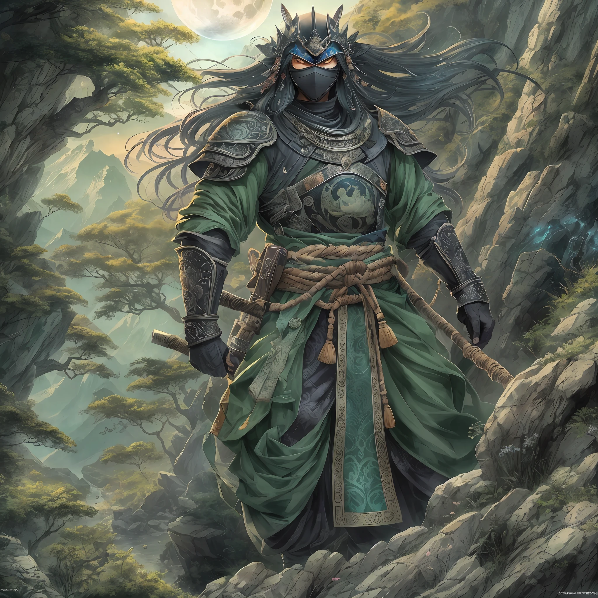 mystic ninja,Detailed face,Detailed eyes,Clear eyes,Gui Zen,Exotic beasts of mountains and seas,Dark green and black details, Loose and thick clothing covers the body,standing on cliff,Bask in the luxury of Yoshitaka Amano in the moonlight,fanciful,sci-fy,the complex background(full bodyesbian),((dynamicposes)),Colorful wallpapers,Highly detailed,Masterpiece,best qualtiy,art stations