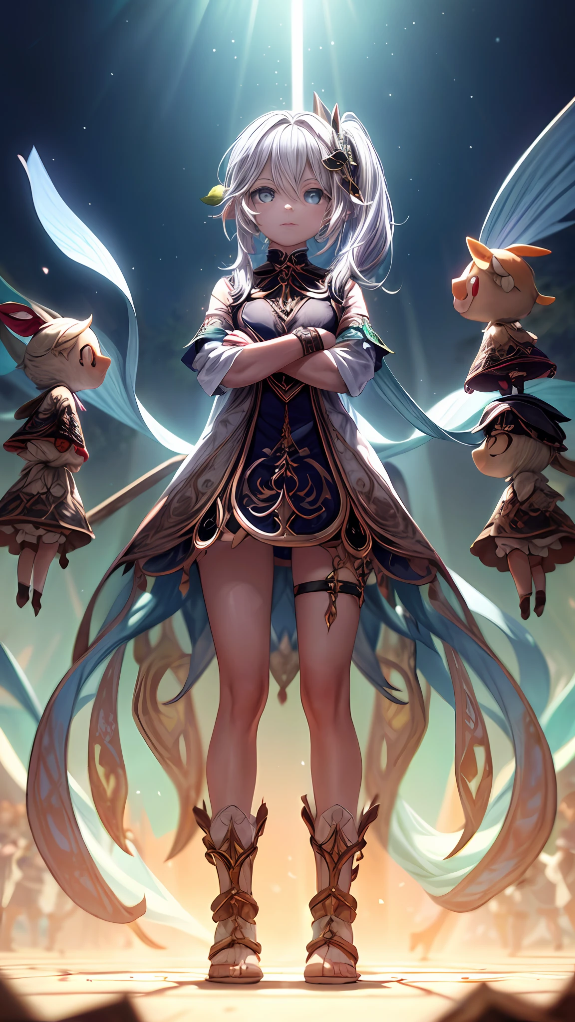 low angle，perspective，full body，depth of field，flare，nahidadef，Cross her arms over her chest，(A bunch of tiny people under her body：1.3)，volumetric light,blue sky background,(high quality,extremely detailed,8k)
