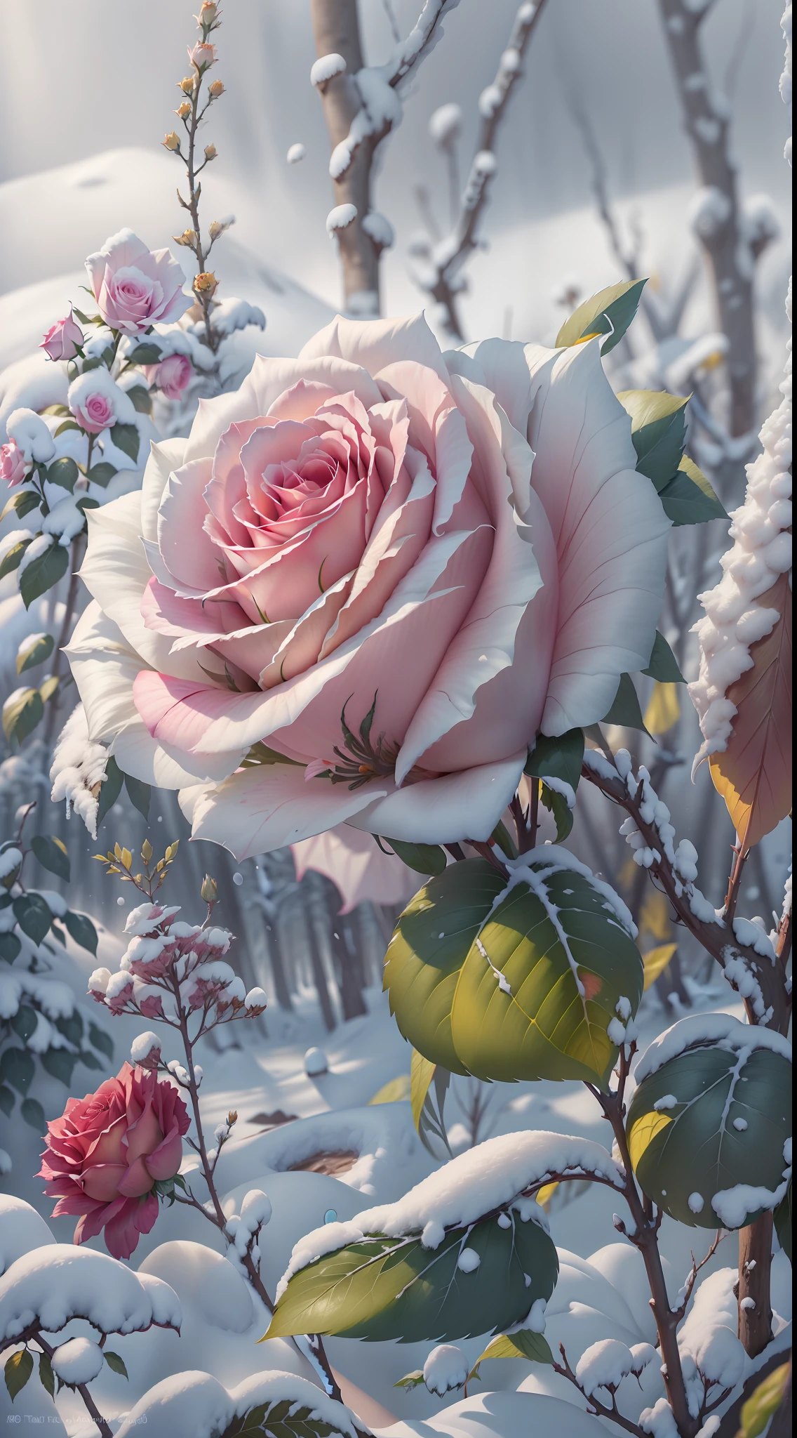 There are many yellow roses growing in the snow,The flowers are covered with thick snow,The flowers are frozen,It is surrounded by pink forests,Beautiful nature,Beautiful photography,Cold but beautiful,cinematric light,4K photography,8K high quality detailed art