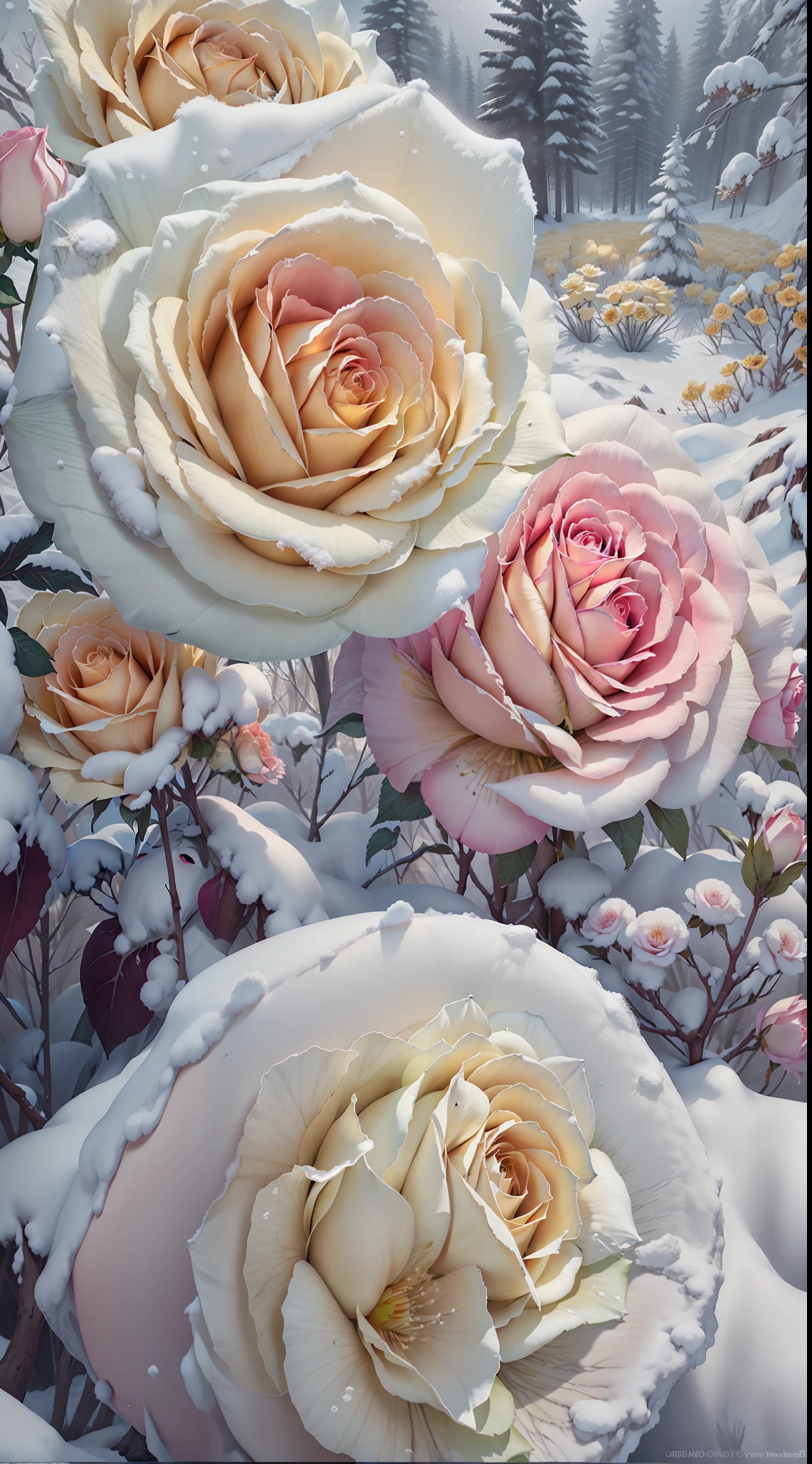 There are many yellow roses growing in the snow,The flowers are covered with thick snow,The flowers are frozen,It is surrounded by pink forests,Beautiful nature,Beautiful photography,Cold but beautiful,cinematric light,4K photography,8K high quality detailed art