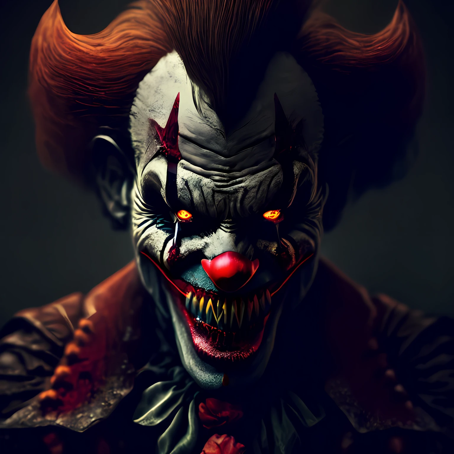 horror, creepy clown, sharp teeth, spooky, evil, blood, dark, moody, cinematic, portrait, half face