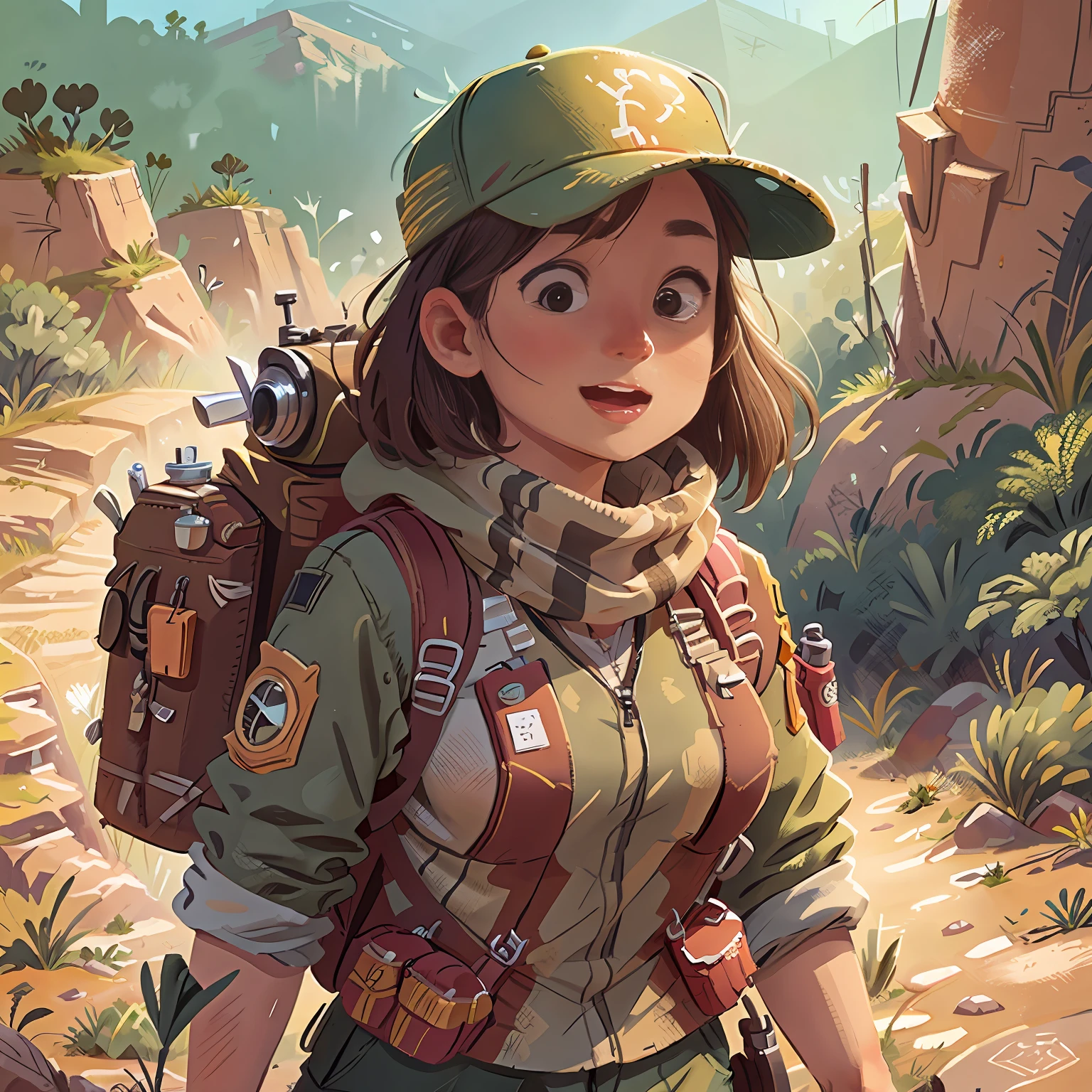 araffe woman with a backpack and camera walking on a dirt road, female explorer, female walking in a canyon, wearing adventuring gear, hiking clothes, female urban explorer woman, female walking between dunes, female walking on mountain, with a backpack, wearing adventure gear, female standing on mountain, walking in the desert, portrait of a female ranger, clear focus (clutter - house: 0.8), (masterpiece: 1.2) (Realistic: 1.2) (Bokeh) (Best quality) (Detailed skin: 1.3) (Intricate details) (8K) (Detail eyes) (Sharp focus), (Happy)