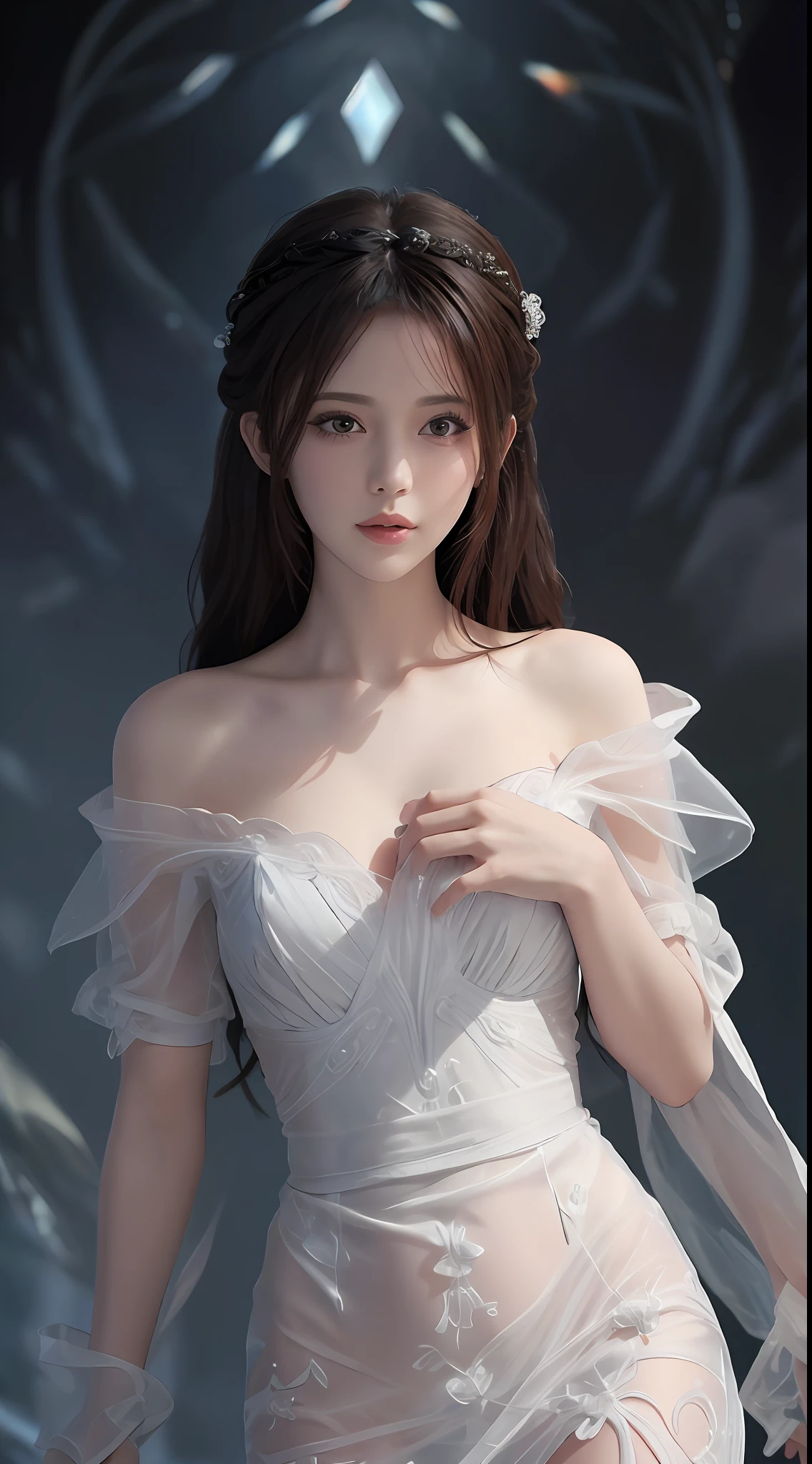 8K ultra hd, masterpiece, a girl, beautiful face, detailed eyes, detailed lip, very long hai, robe dress, white sexy robe dress, high light, sunny weather, blur effect, whole body capture,
