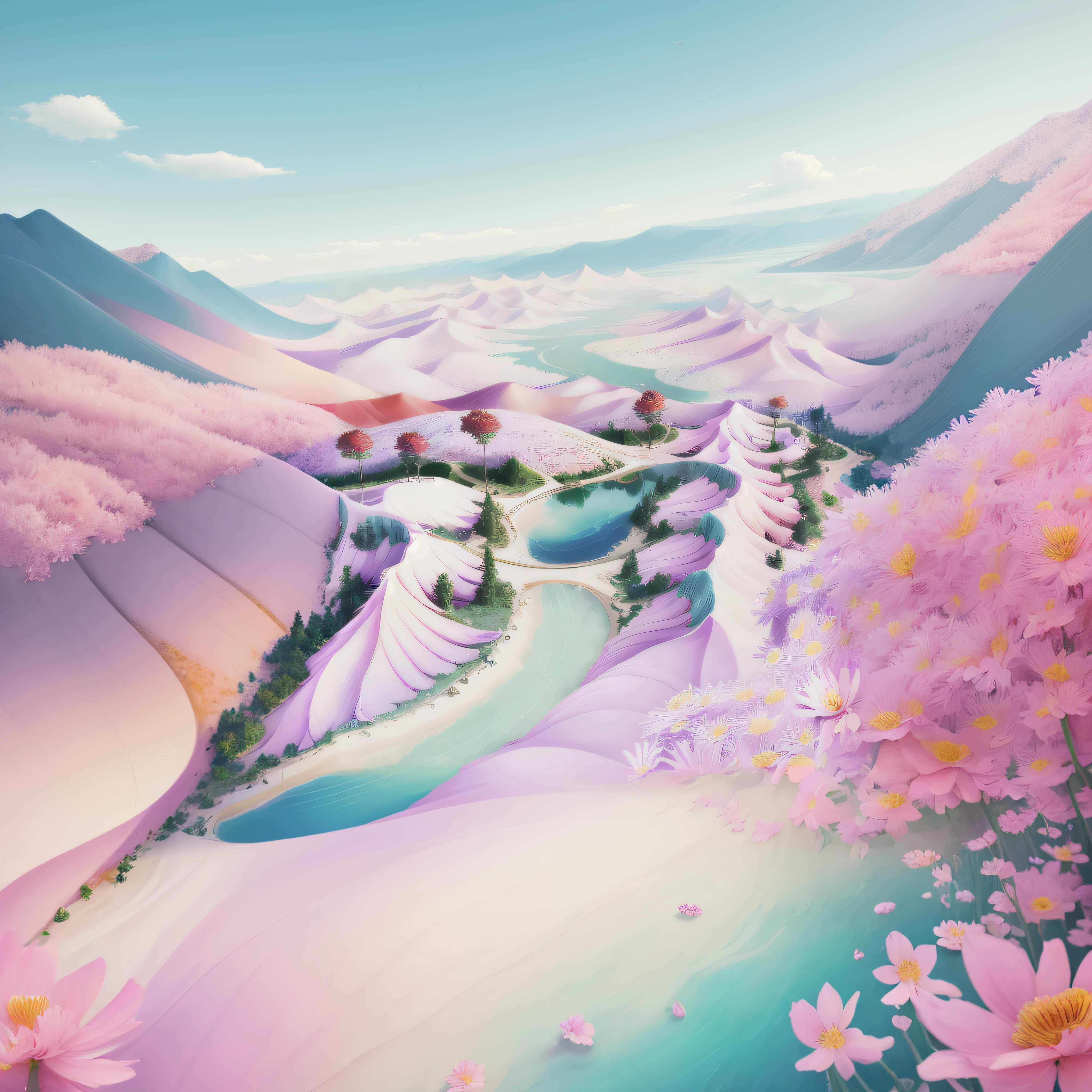 Bird's-eye view, aerial view, (Flower Sea:1.5),colorful flowers mountains, (red flower:0.5),(blue flower:0.5),(yellow flower:0.5),river, flowers everywhere,masterpiece photo,high-definition, reality, 4K,[green:0.3],[purple:0.4]