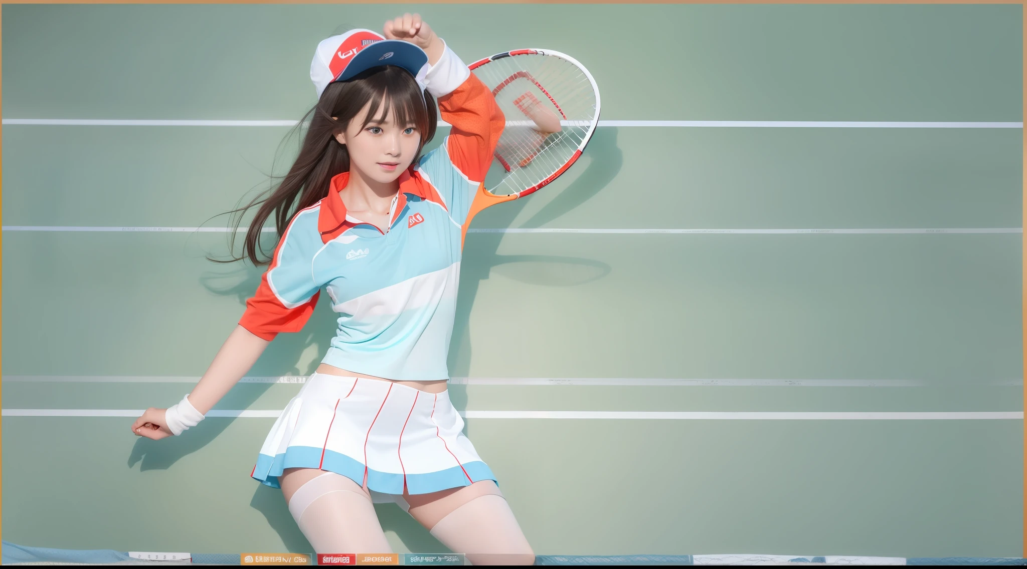 A girl,独奏,Light blue shirt,Tennis hats,Long hair with delicate wavy shapes,Red with blue eyes,White stockings sheer,tmasterpiece,hoang lap,Skin texture,Diagonally towards the audience,slenderness,Dynamic light and shadow,A high resolution,Sharp,Evil smile。
