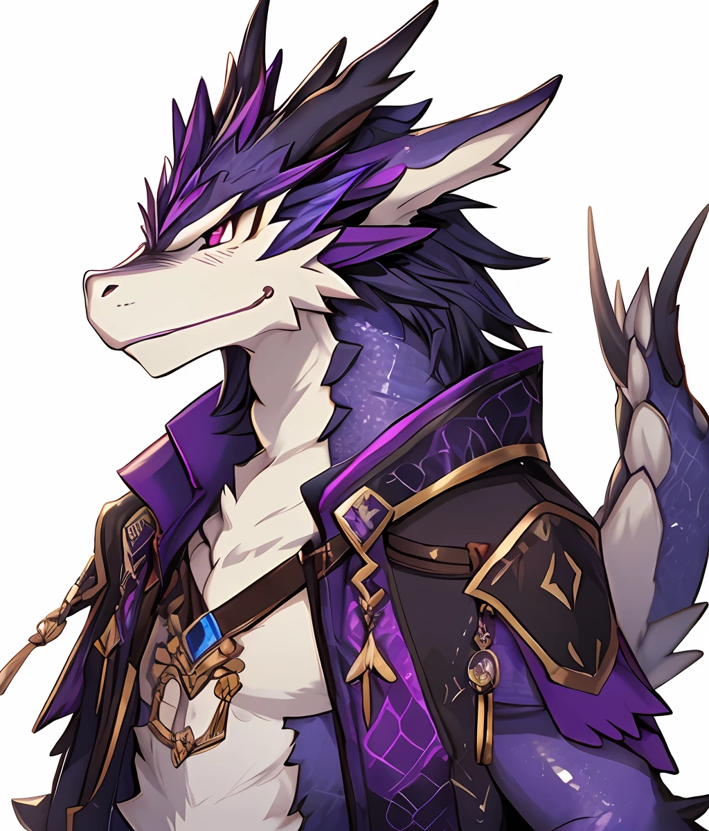 Solo, male, anthro dragon, dark purple scales with white horns, Hunter gear