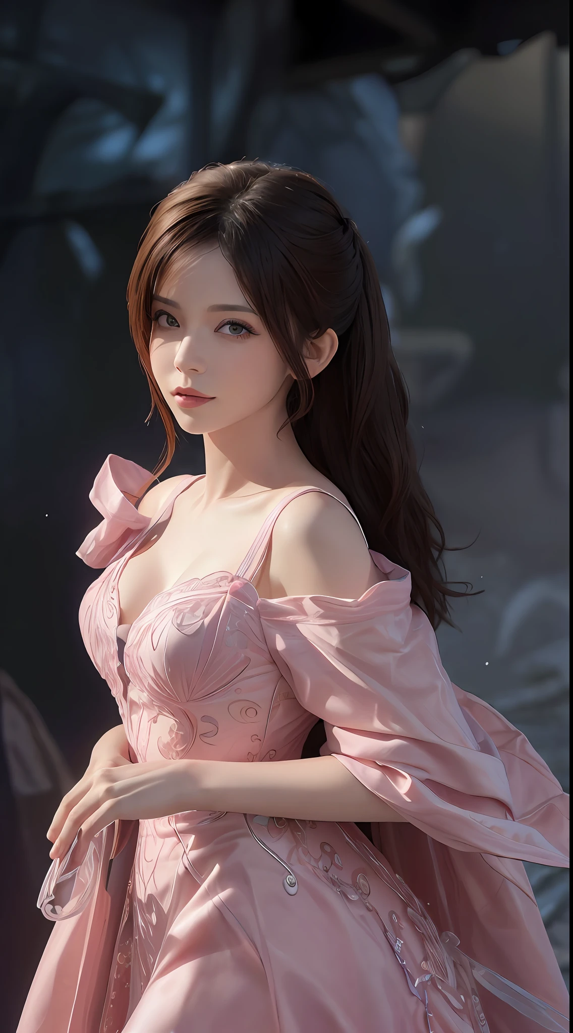 8K ultra hd, masterpiece, a girl, beautiful face, detailed eyes, detailed lip, very long hai, robe dress, pink sexy robe dress, high light, sunny weather, blur effect, whole body capture,