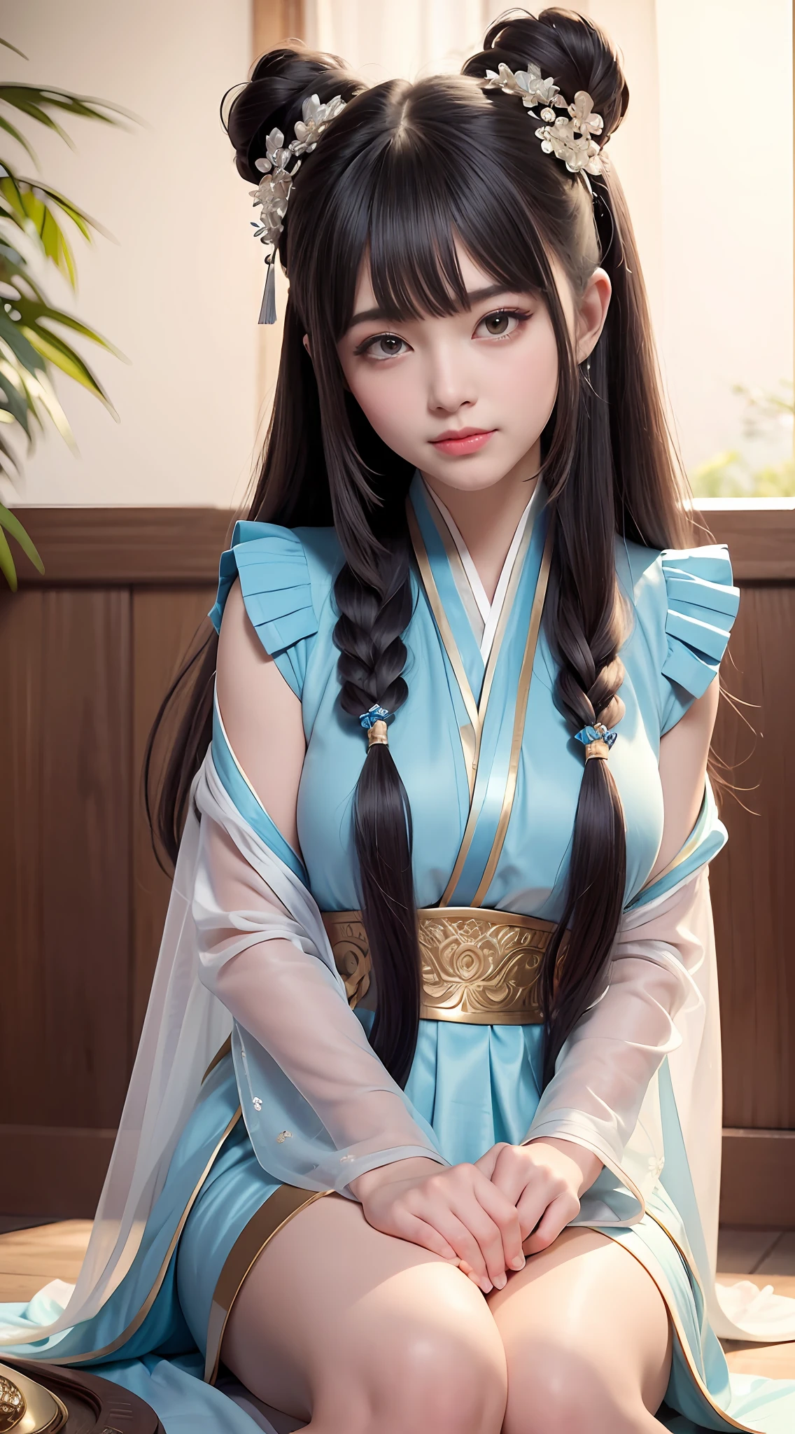 close up on face, Ultra-fine face,femele, China-style, Ancient wind,Hanfu, Sit Pose, long whitr hair, Delicate clothing patterns, ellegance, opulent, ellegance, ssmile,Skysky, Ribbons,Sense of brokenness, ruri, Buble, Double up braid, Hairline, slanted bangs, shairband, hair adornments,glitters, cinmatic lighting, hyper HD, A high resolution, best qualtiy, 8K, high detal, high qulity, super detailing, anatomy correct, tmasterpiece, ccurate,plump