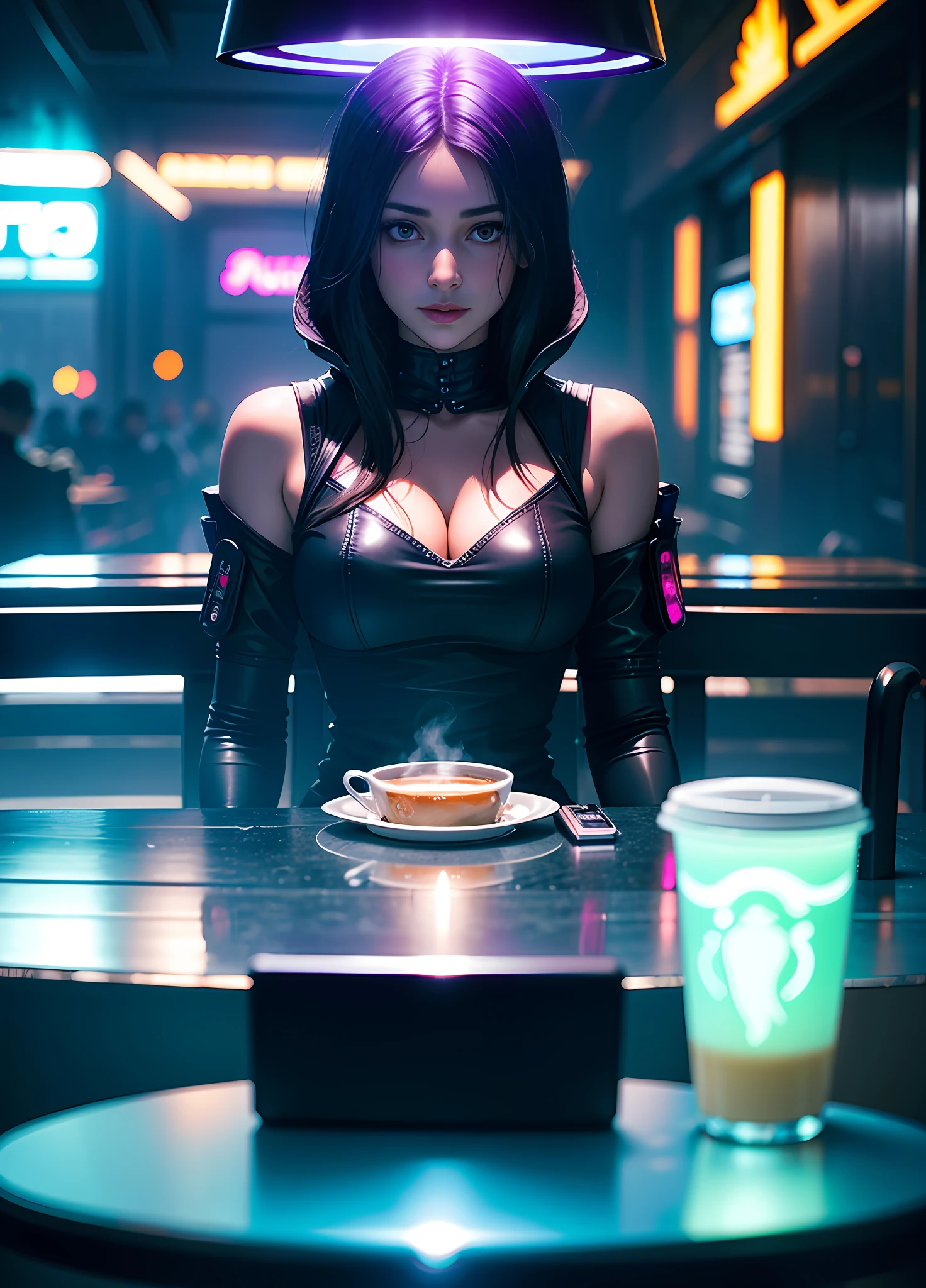 A translucent ghost is sitting at a table in a cyberpunk café. Coffee is a dark and gloomy place, com luzes neon piscando