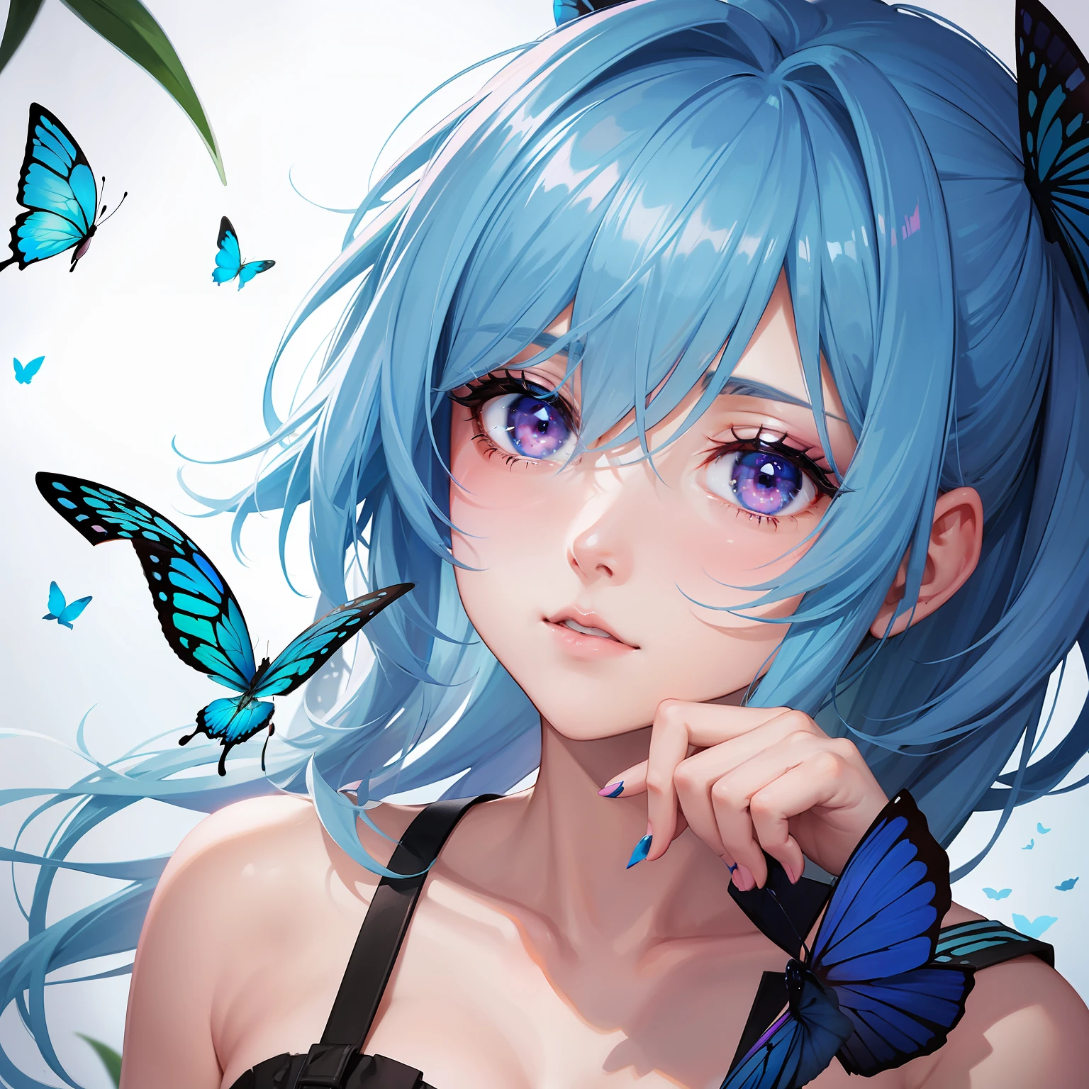 a women, blue butterfly, blue hair, pink eyes