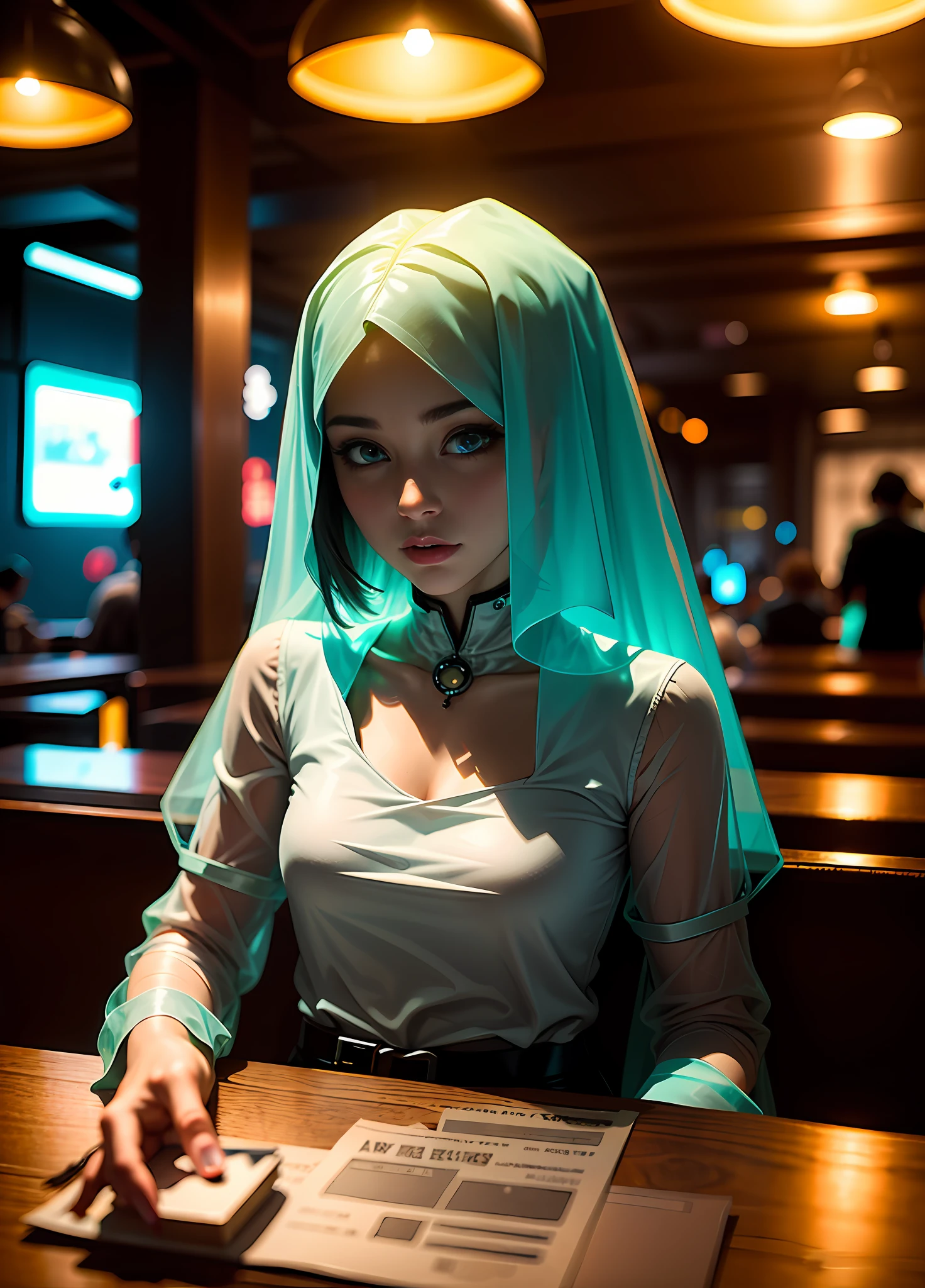 A translucent ghost is sitting at a table in a cyberpunk café. Coffee is a dark and gloomy place, com luzes neon piscando