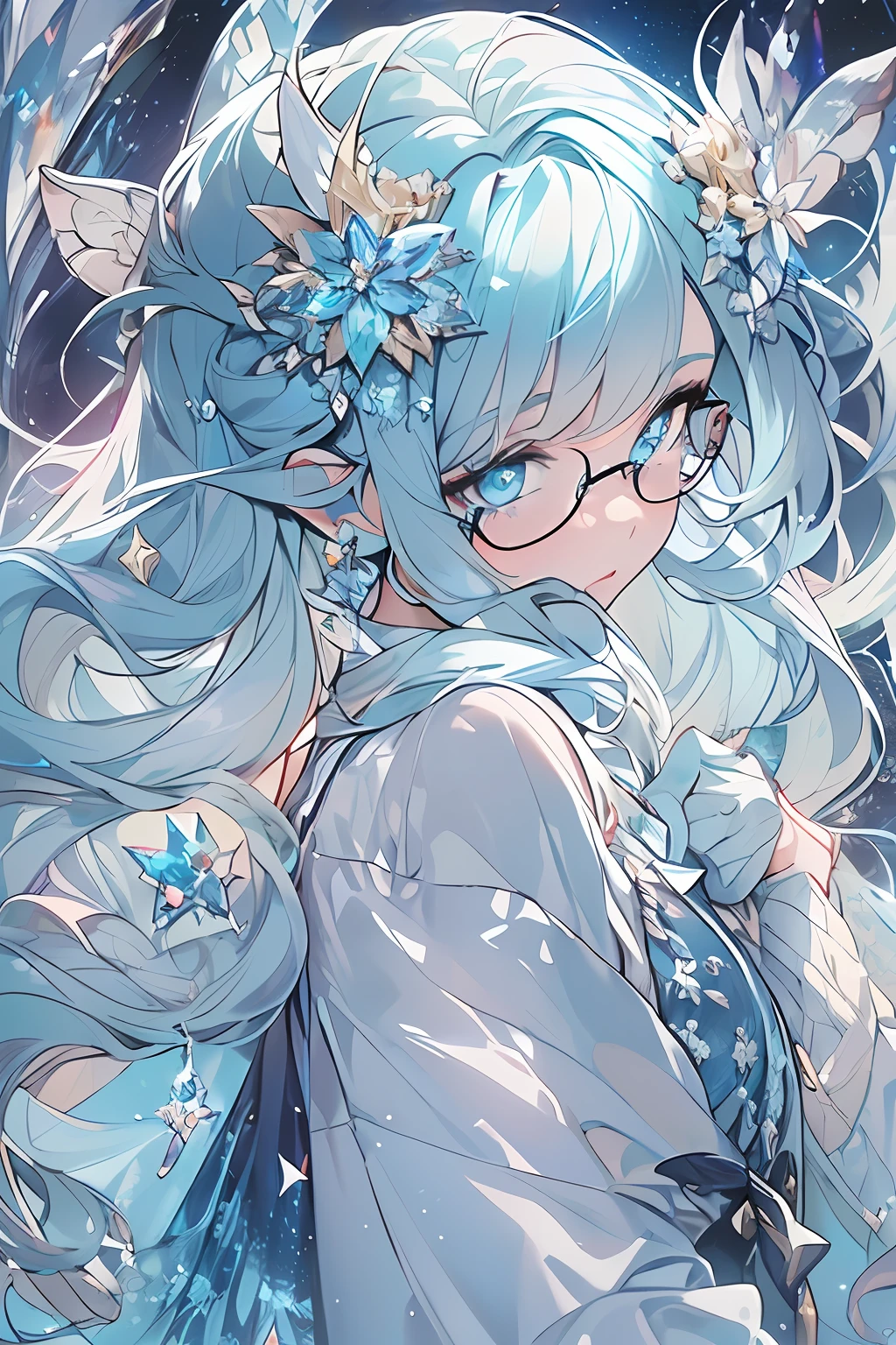 ((masterpiece、top-quality、Official art、Beautifully Aesthetic:1.2))、(the golden ratio:1.2)、(ultra-detailliert:1.3)、(1girl in)、(Fractal Art:1.3)、full body Esbian、((Glitter pupils))、patterns、((colourful hair、Half Blue、Half Light Blue:2))、colourfull、Writing、(heterochromia iridis:Blue right eye and light blue left eye)、(colourfull:1.3)、((Shy face))、(Hyper-detailing), ((delicate detail)), (intricate detailes), ((ciinematic light, best quality backlight)), highcontrast, ((The best lighting, extremely delicate and beautiful)), ((ciinematic light))、(ray trace reflection、brilliance)、((glowing aura))、((Radiant hair))、((The ultra-detailliert))、((write))、Delicate beautiful face and eyes,Focus on Face, masterpiece,Shock sensation、Original 2 High Saturation、((Neat and clean woman))、((night sky full of stars))、(((Shining eyes:1.2))),(((Crystal pupil:1.2)))、(((Crystals in the eye))),(Round glasses)、((High School Uniforms))、(frontage)
