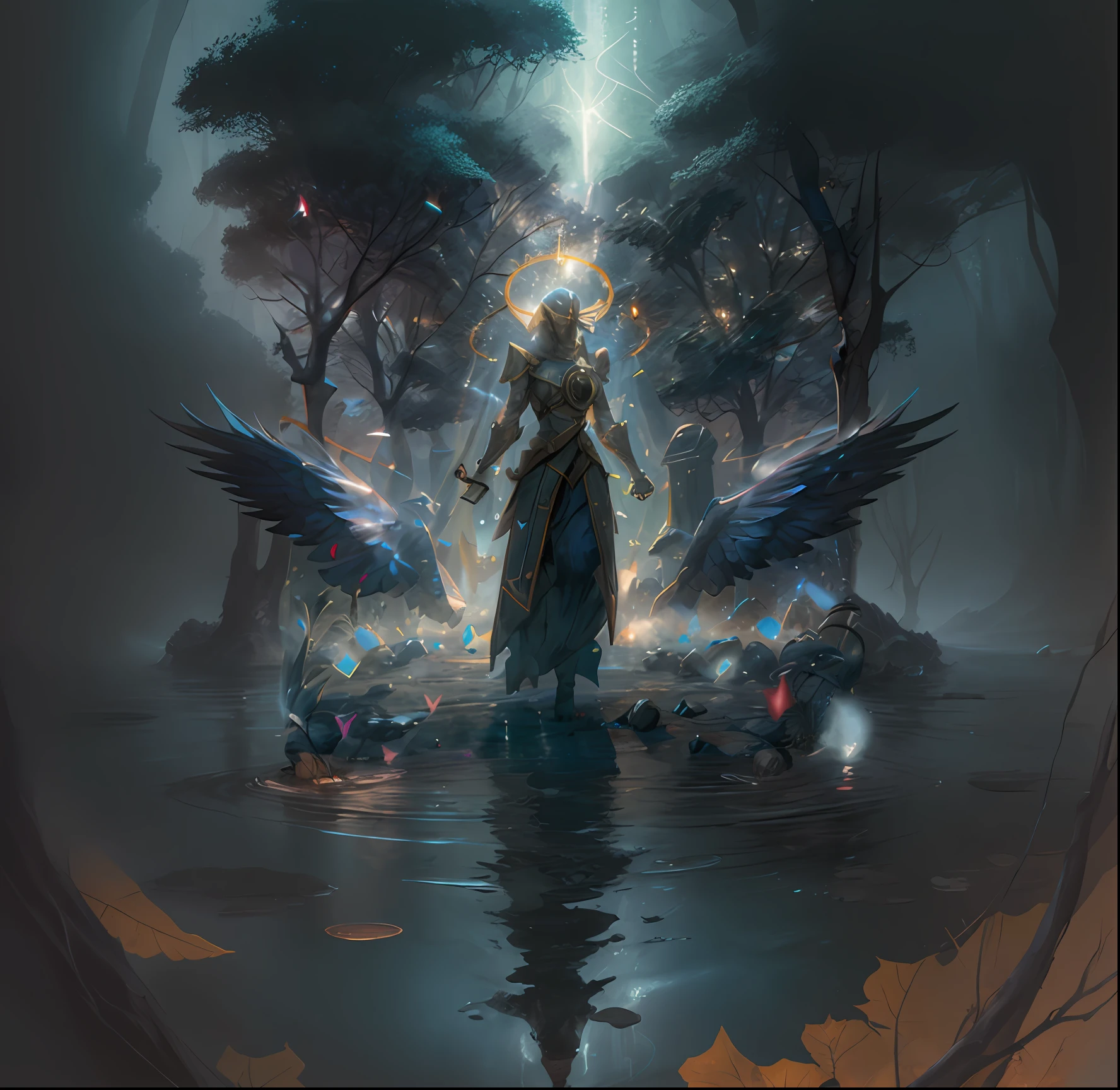 in a lake, a woman in a blue dress standing in a forest with a halo, mohrbacher, fantasy art behance, peter mohrbacher c 2 0, Artstation contest winner, by Jeremy Chong, peter mohrbacher style, peter mohrbacher. unreal engine, peter mohrbacher digital art, epic fantasy digital art style, symmetrical epic fantasy art