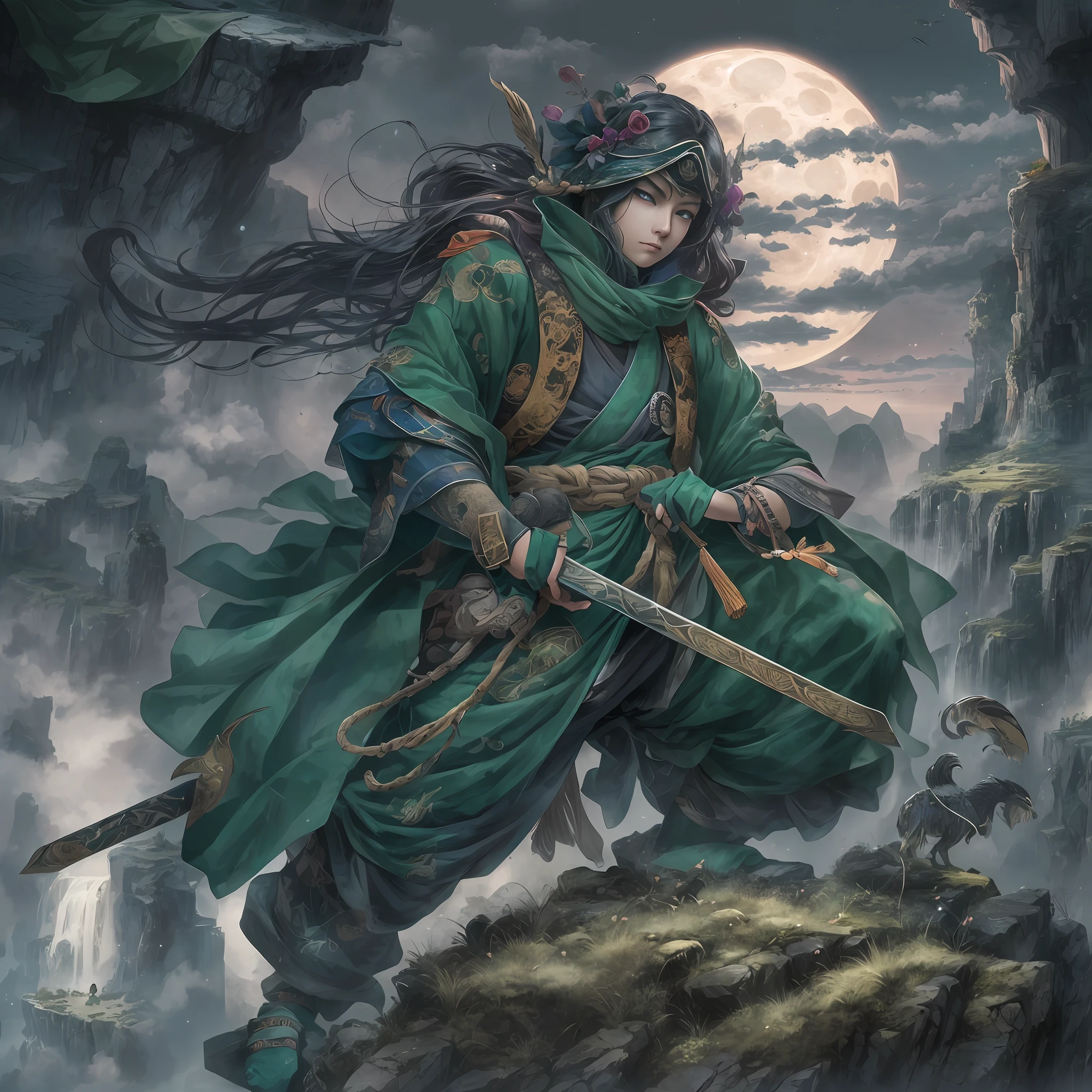mystic ninja,Detailed face,Detailed eyes,Clear eyes,Gui Zen,Exotic beasts of mountains and seas,Dark green and black details, Loose and thick clothing covers the body,standing on cliff,Bask in the luxury of Yoshitaka Amano in the moonlight,fanciful,sci-fy,the complex background(full bodyesbian),((dynamicposes)),Colorful wallpapers,Highly detailed,Masterpiece,best qualtiy,art stations