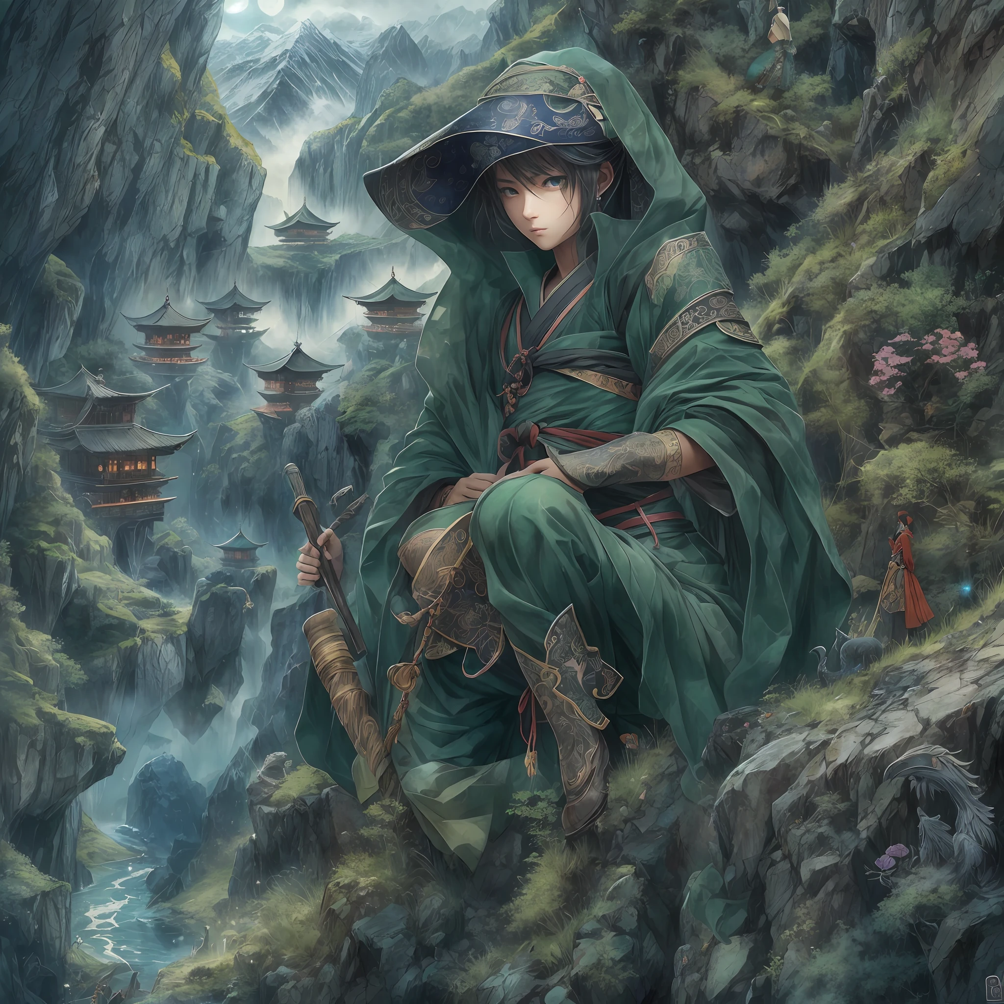 mystic ninja,Detailed face,Detailed eyes,Clear eyes,Gui Zen,Exotic beasts of mountains and seas,Dark green and black details, Loose and thick clothing covers the body,standing on cliff,Bask in the luxury of Yoshitaka Amano in the moonlight,fanciful,sci-fy,the complex background(full bodyesbian),((dynamicposes)),Colorful wallpapers,Highly detailed,Masterpiece,best qualtiy,art stations