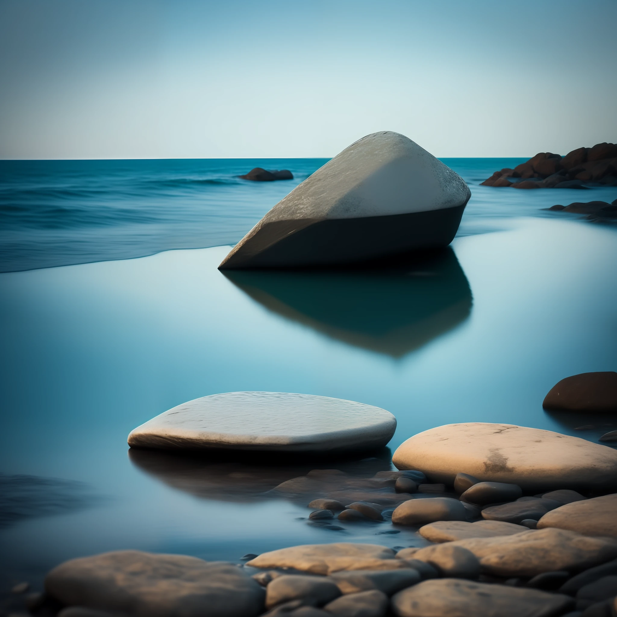 a single stone sitting on the water, a noite