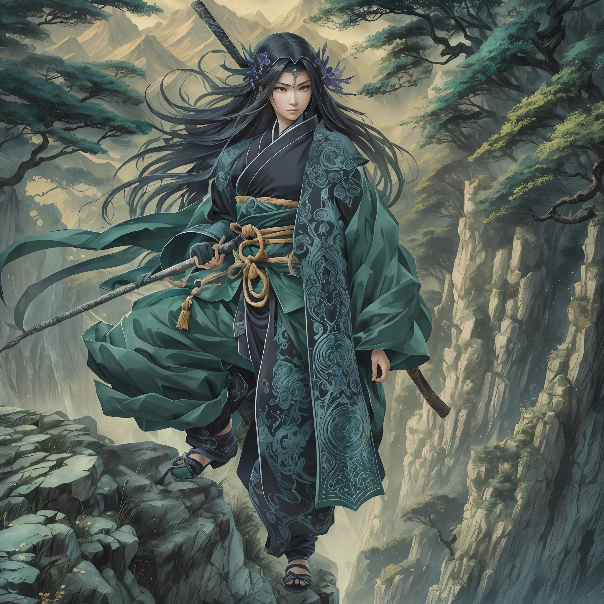 mystic ninja,Detailed face,Detailed eyes,Clear eyes,Gui Zen,Exotic beasts of mountains and seas,Dark green and black details, Loose and thick clothing covers the body,standing on cliff,Bask in the luxury of Yoshitaka Amano in the moonlight,fanciful,sci-fy,the complex background(full bodyesbian),((dynamicposes)),Colorful wallpapers,Highly detailed,Masterpiece,best qualtiy,art stations