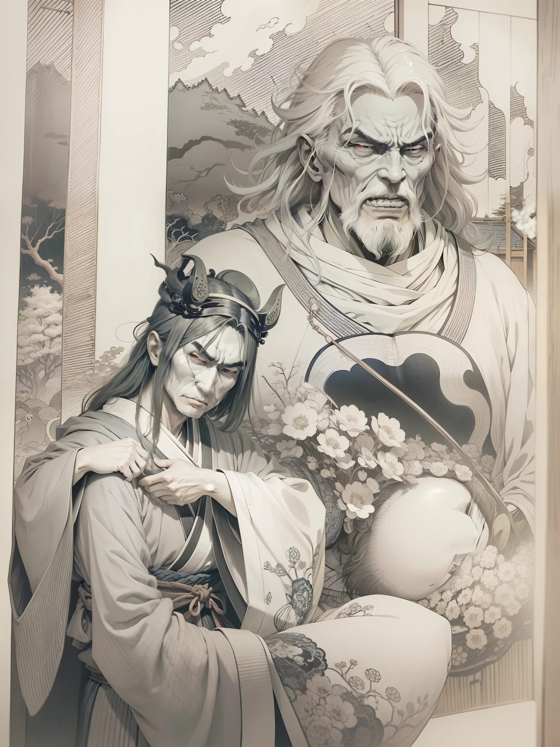 beatiful man, scary demon beside man,beatiful cloth,full color,japan ukiyoe color,kawase hasui,tukioka yositosi stayle