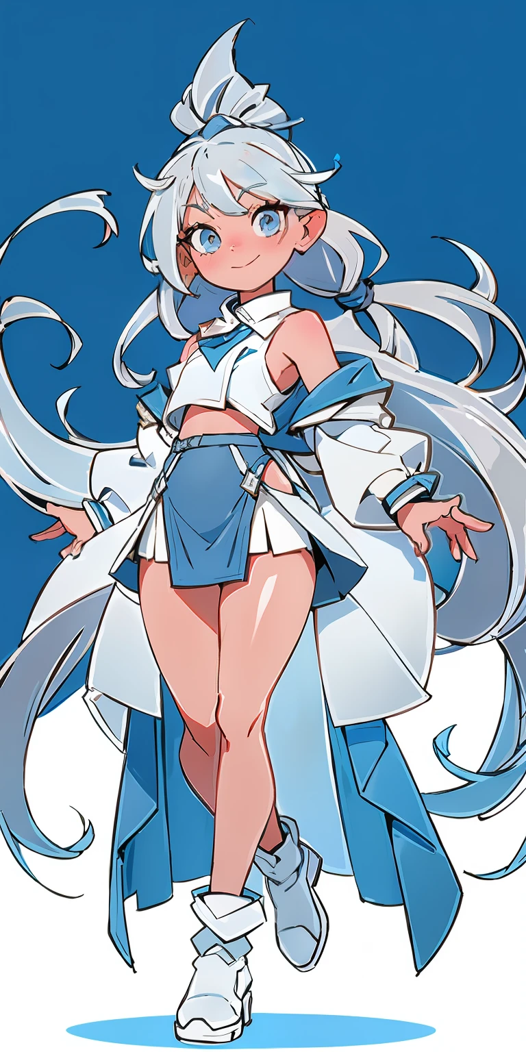 A Western girl、blue color eyes，long layered silvery white hair，Two twisted braids，gentle expressions、ssmile，full bodyesbian、Petite figure，small，Amazingly beautiful facial features，Short gray sleeveless skirt，Pointed-toe boots，Game model， Stunning lighting， C4D，oc rendered，cinematic rim light，The light is delicate，tmasterpiece，ultra - detailed，Epic composition，with a pure white background，Super HD，high qulity，HighestQuali，32K