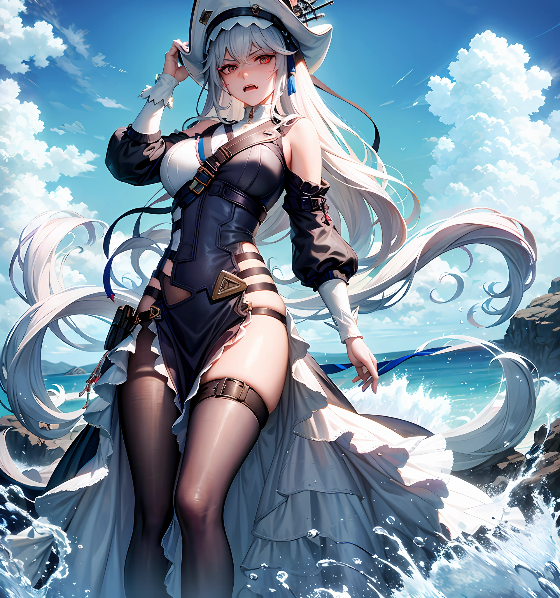 Cold mechanical horror, feminine charm, naval battle, expression anger, bleeding