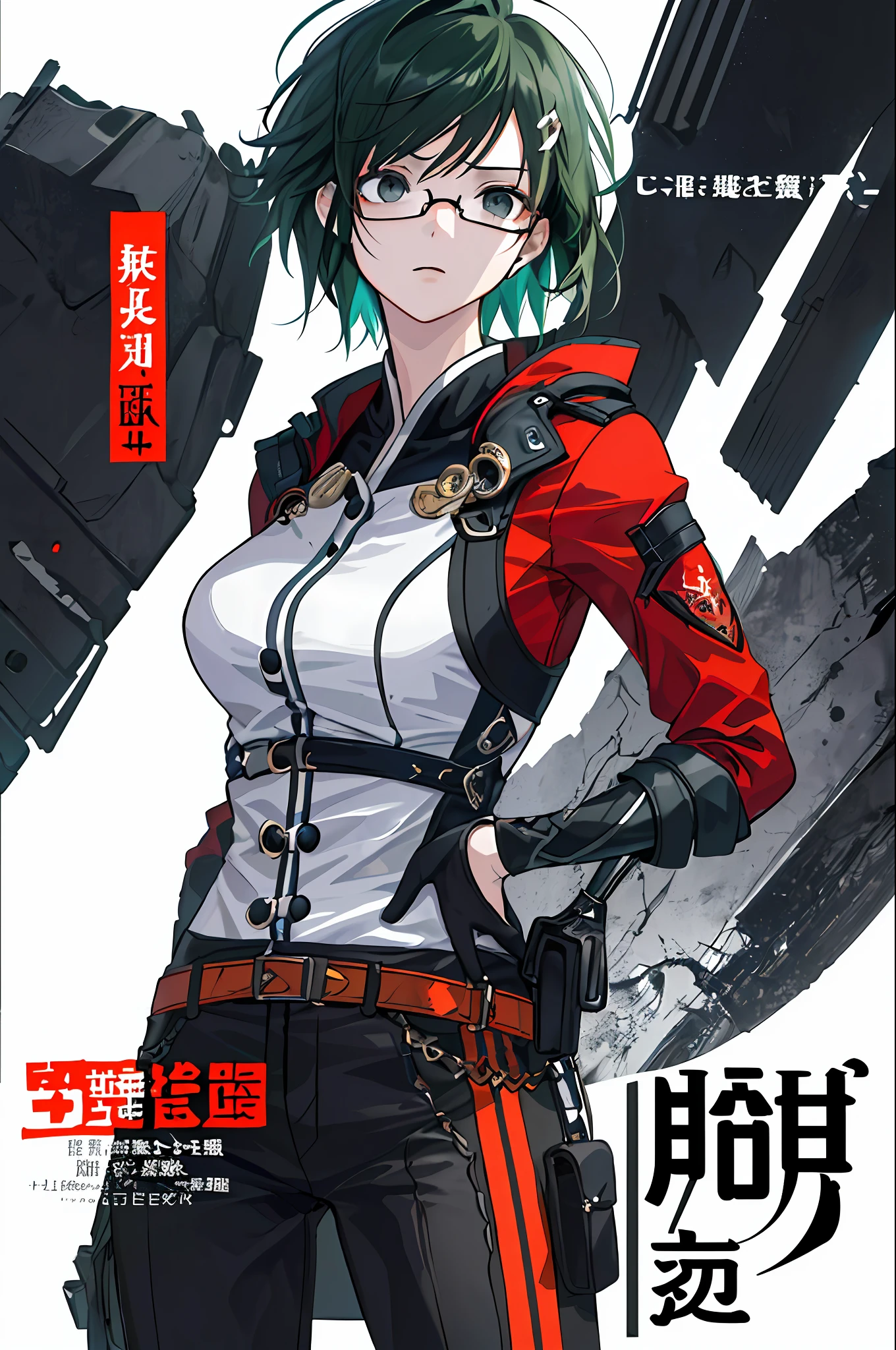 ((((Dramatic))), (((grittiness))), (((Intense))) The movie poster features a young woman as the central character。She stands confidently in the center of the poster,There is a sense of danger and a strong feeling。The text is bold and eye-catching,With catchy slogans,Adds to the overall drama and excitement。The color palette is dominated by dark 1 girls,Sateen,exteriors,messy hair,Trends on ArtStation,8K分辨率,The is very detailed,anatomically correcte,Sharp images,digitial painting,concept-art,Trends on pixiv,Estilo de Makoto Shinkai,Dark green hair,short detailed hair,Black eyes,Chinese outfit,eye glass, (Cover-style:1.3), Fashionab, woman, vibrant, Outfit, posing on a, Front,rich colourful,dyna,Background with,element in,self-assured,Expressing the,halter,statement,Attachment,A majestic,coil,Runt,Touching pubic area,Scenes,text,Cover of a,boldness,attention-grabbing,titles,Fashionab,typeface,Catchy,titles,more big,Smart、moderno、Trendy、focus-on、Fashionab、