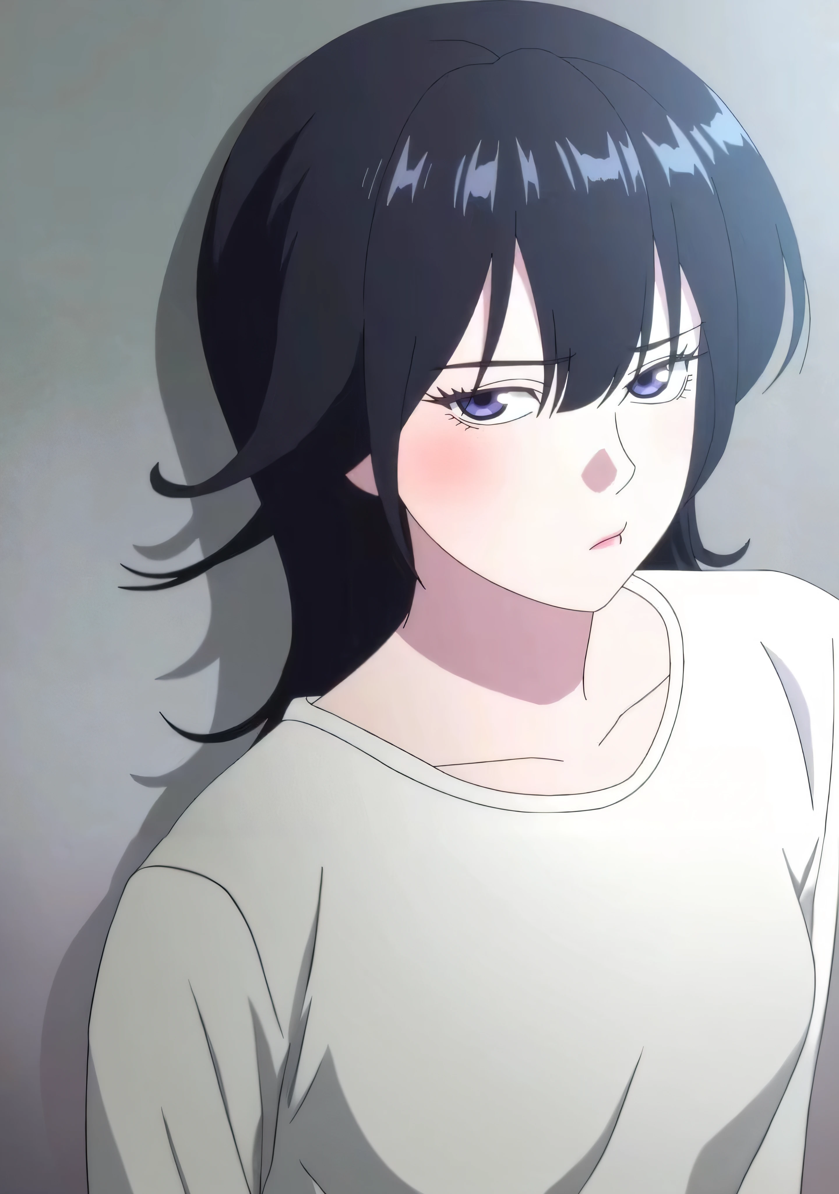 Anime image of a woman with long black hair and blue eyes, She has black hair,By bangs, anime visual of a young woman, sui ishida with black hair, anime visual of a cute girl, still from tv anime, She has black hair, shuushuu anime image
