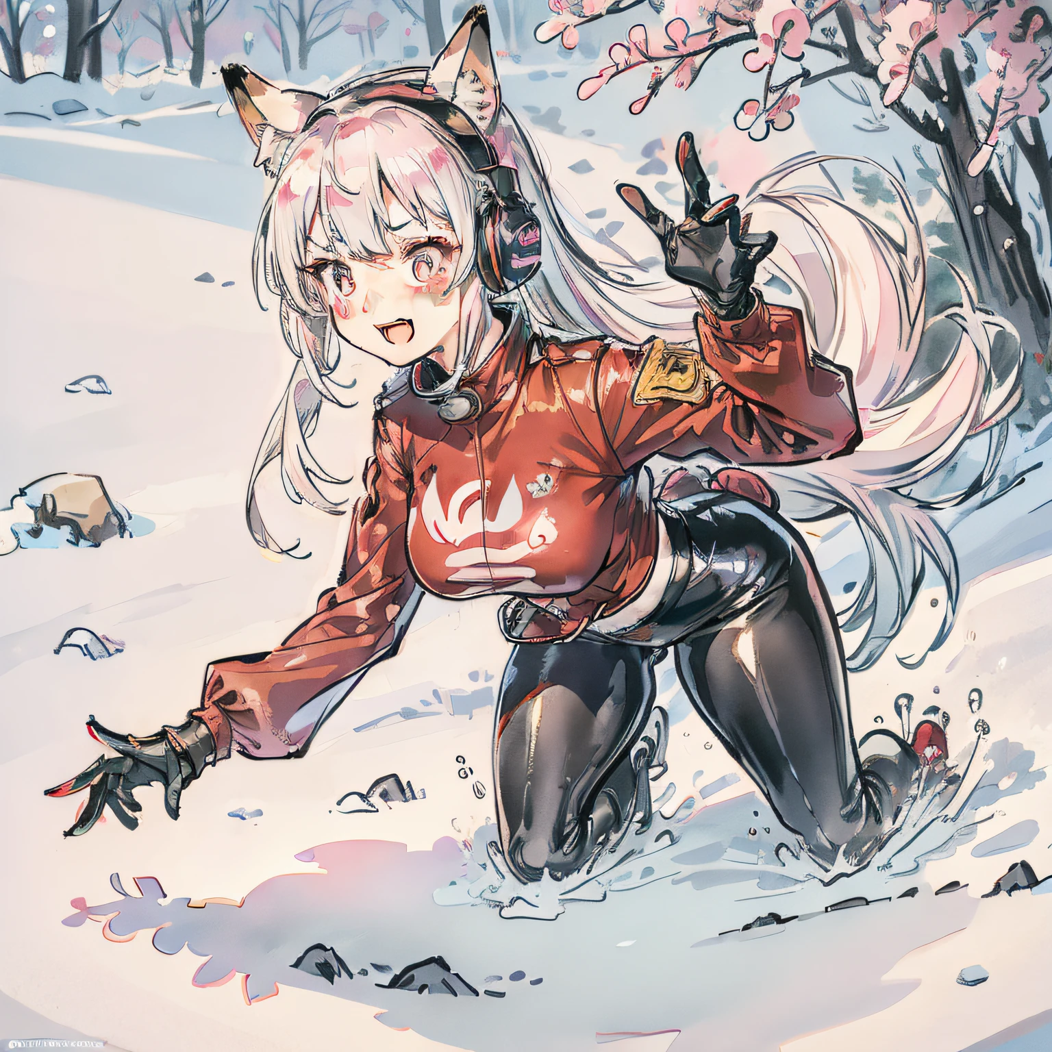 (RAW Photo, Best Quality, Masterpiece: 1.2), (Realistic, Photo Realistic: 1.4), (Masterpiece: 1.4), (Best Quality: 1.4), 1 Girl, Solo, :d, Animal Ear Headphones, Animal Ears, Arms Up, Bangs, Blush, Tights, ???????, Rabbit Pose, Clothes Writing, Covering Belly Pollar, Denim Shot, Crop Jacket, Fake Animal Ears, Gloves, Outdoor, Morning, Snow, Hair Intake, Headphones, Impossible Tights, Impossible Clothes, Jacket, Room, Latex , latex tights, long hair, long sleeves, looking at the audience, room, multicolored gloves, open mouth, pink tights, pink eyes, red eyes, red jacket, shiny clothes, shrugged\(clothes\), sideburns, skin tightness, smile, thigh gaps, thighs, double tails, very long hair, white gloves, white hair, alice \ (nikke\), (shiny skin), reality,