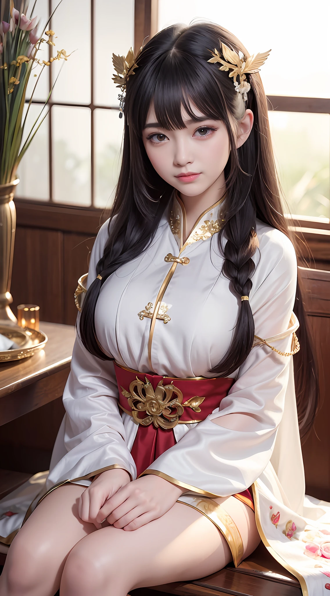 close up on face， Ultra-fine face，femele， China-style， Ancient wind，Hanfu， Sit Pose， long whitr hair， Delicate clothing patterns， ellegance， opulent， ellegance， ssmile，Skysky， Ribbons，Sense of brokenness， ruri， Buble， Double up braid， Hairline， slanted bangs， shairband， hair adornments，glitters， cinmatic lighting，  hyper HD， A high resolution， best qualtiy， 8K， high detal， high qulity， super detailing， anatomy correct， tmasterpiece， ccurate，plump，landscape painting，screen