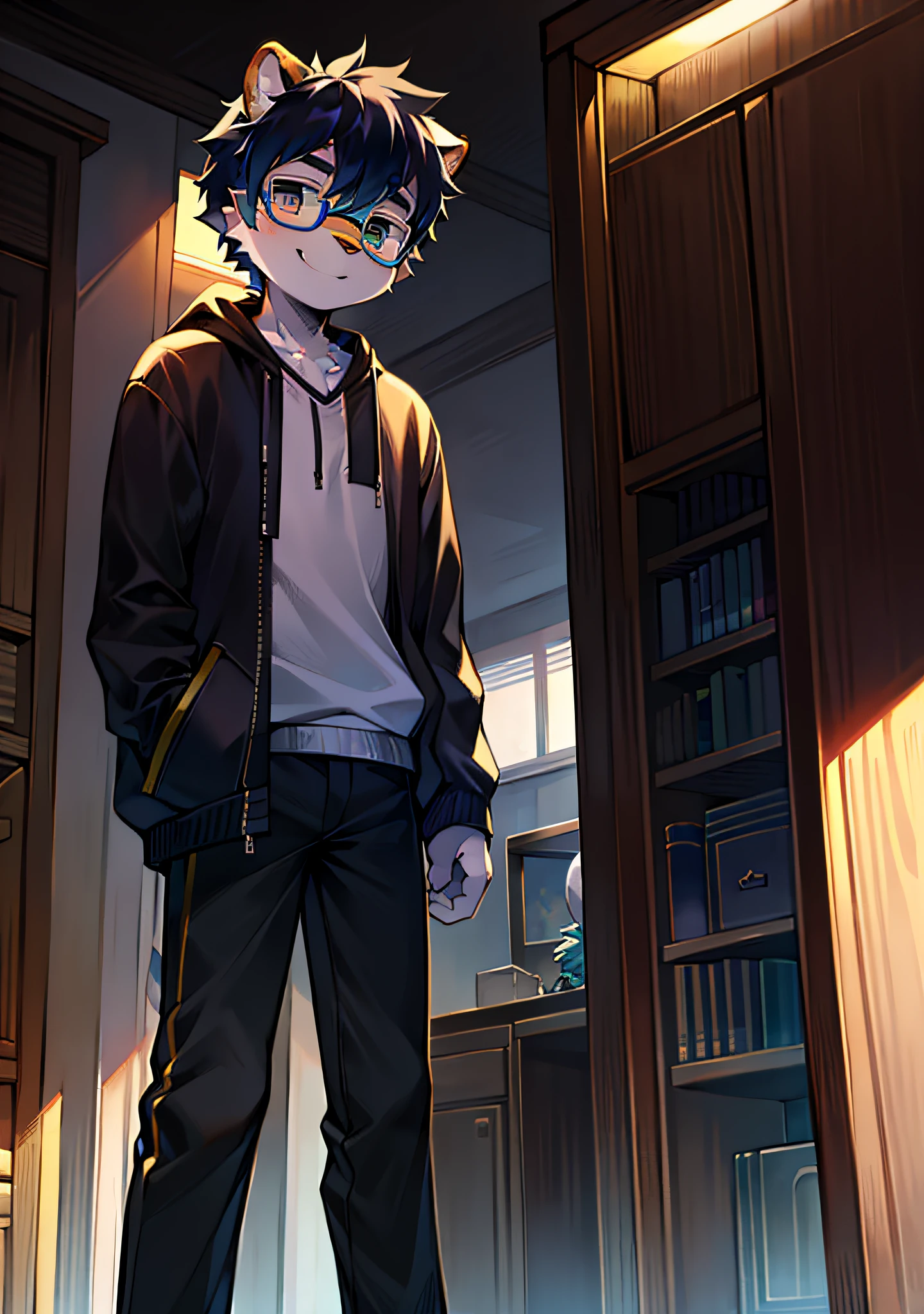 Bright environment:0.8),eyes with brightness, Upper body, Character focus.(detailedbackground:0.7), adolable，furry men，Young age，Big head and small body，shaggy male，Sunny and cheerful，Smiling，Wear blue and black glasses，White sweatshirt，No hair，tigre，（Long felines，Shota，Normal standing posture without movement）Steady and secure