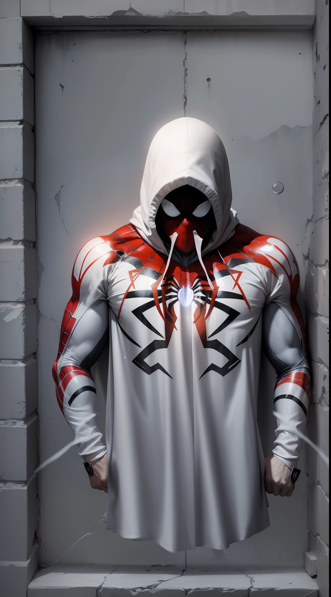 La mejor calidad posible, Ultra resolution 8K, QUEBRAR , "Spiderman, traje tenebroso, traje blanco y negro,capucha, misterioso , atletic body, cuerpo completo, caminando en la niebla,Symbol on the chest of a spider that covers its entire chest, escena de fondo luna llena ambiente tenebroso, luz hetero, luz tenebroso, Hetera lighting, cinematic lighting, total de la obra muy bien detallada "