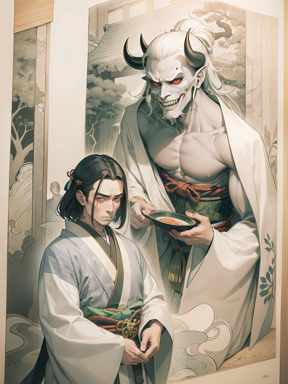 beatiful man, scary oni beside man,beatiful cloth,full color,japan ukiyoe color,kawase hasui,tukioka yositosi stayle