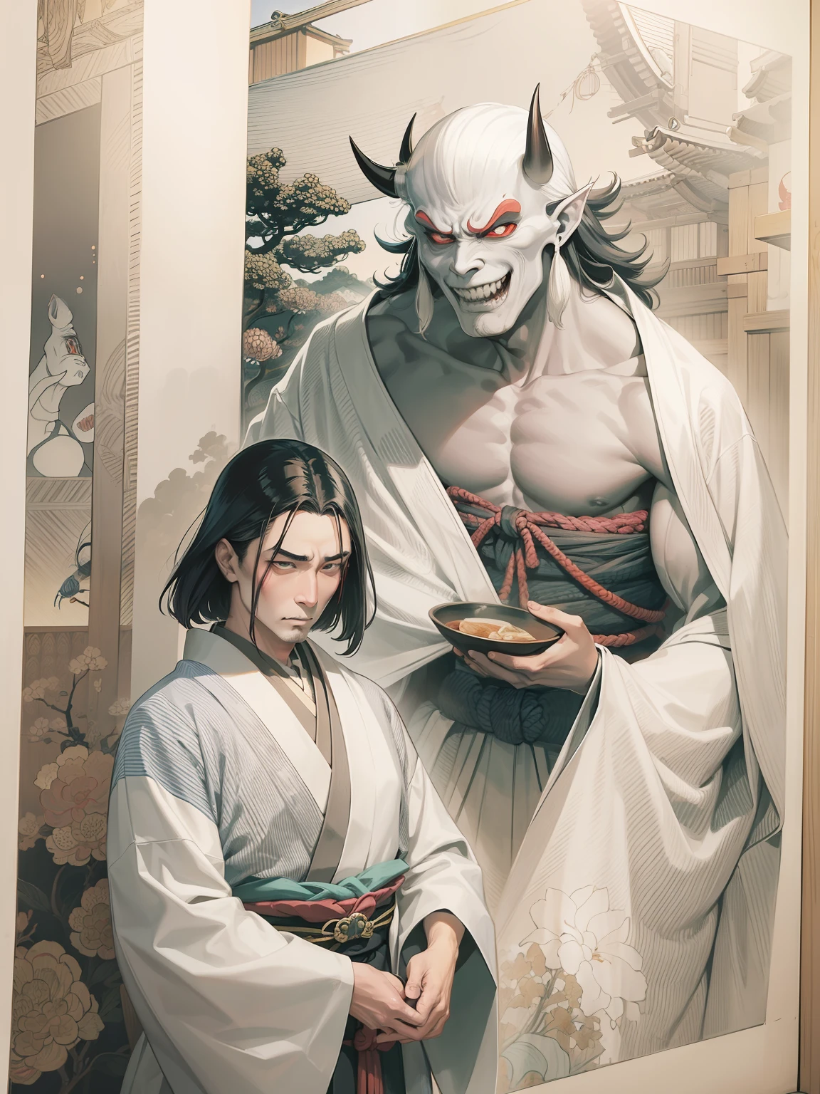 beatiful man, scary oni beside man,beatiful cloth,full color,japan ukiyoe color,kawase hasui,tukioka yositosi stayle