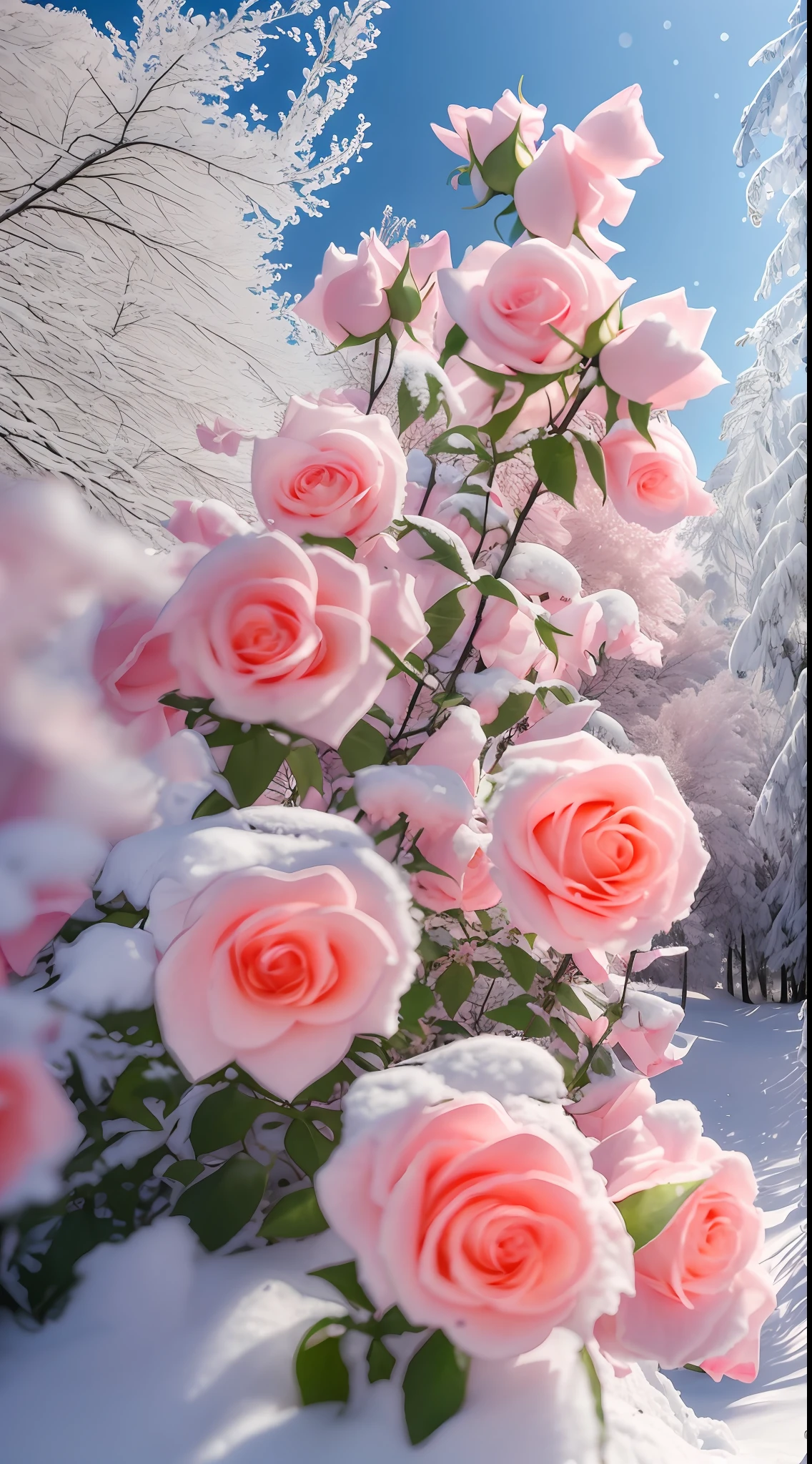 There are pink roses in the snow on a sunny day - SeaArt AI