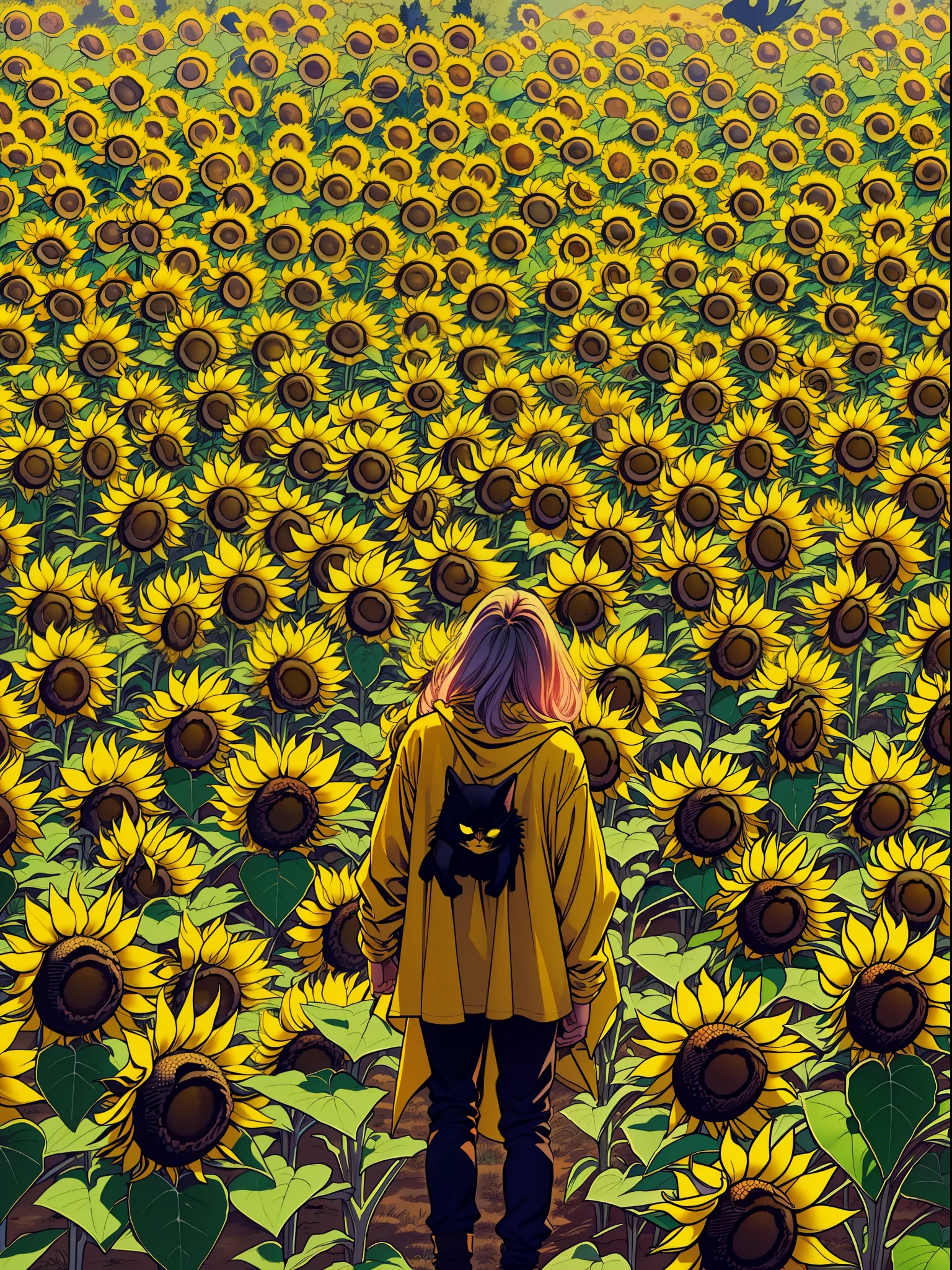 ela tem os cabelos brancos na altura do ombro, os olhos amarelos, ela usa camiseta preta , black pant, e botas de cano curto, e um sobretudo amarelo com capuz baixo, e sonha toda noite o mesmo sonho, She dreams that she is flying on top of her bed, e que seu gato preto possui voz humana, ela acorda toda vez no mesmo local, a field of sunflowers, and he always sees in his mind the silhouette of the most sinister young man, and these boys are in danger and every time ARYENDELL tries to help them the beautiful field of sunflowers, It starts to catch fire and opens a portal that sucks everyone in........, and at this crucial point in the dream Aryendell wakes up not knowing where he is. And what intrigues her most is that she never wakes up in the same place, and the most mysterious thing is that in one of the pockets of Aryendell's coat appear frachuras and sunflower leaves, sem falar no cheiro estranho que percorre suas roupas;.