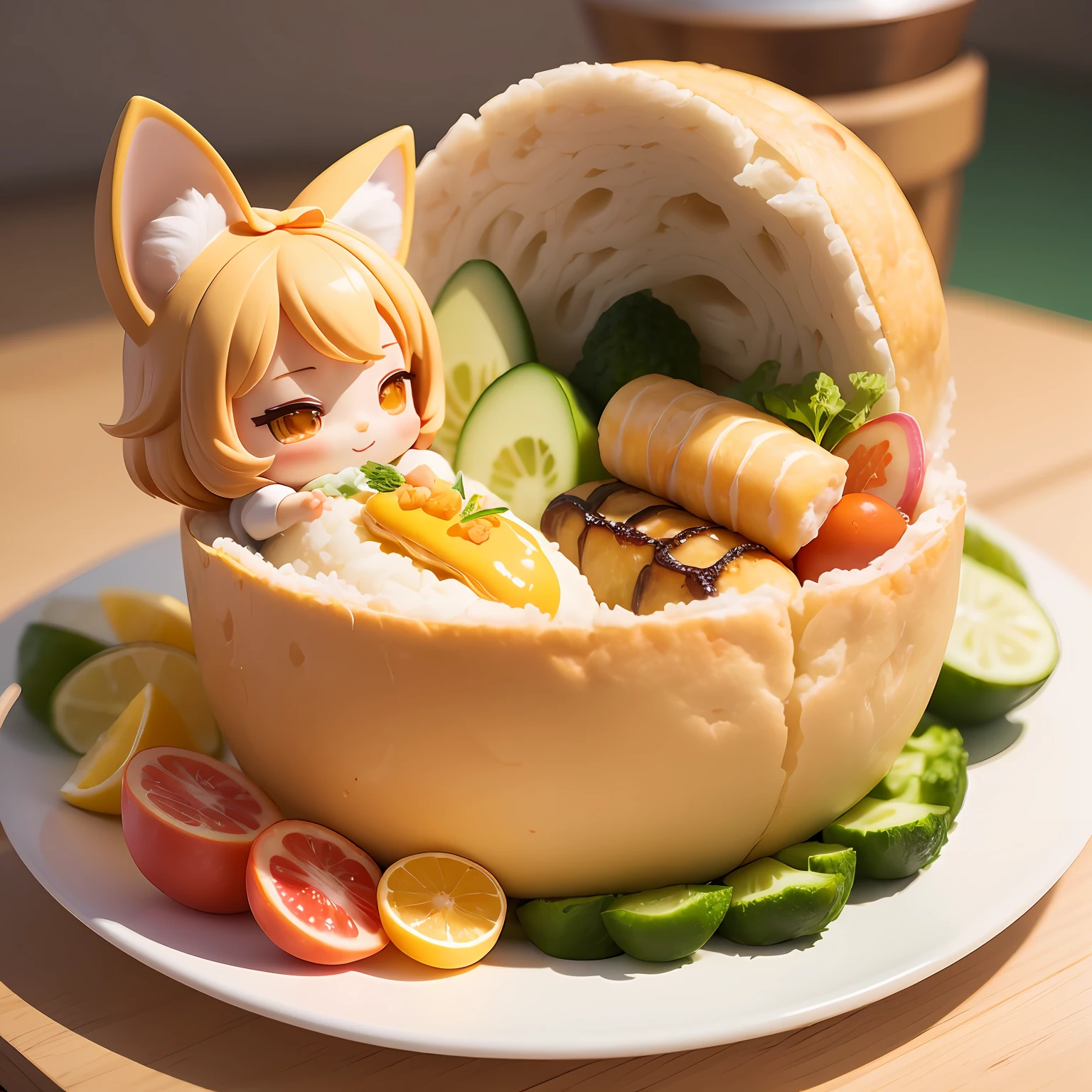 ((top-quality)), ((​masterpiece)), (detaileds), ultra-detailliert, 1 Cat Eared Girl、（（（Chibi）））、Looking at the camera、a smile、Please bring your own lunch。、The details of the bento are as follows。。。、food_Focus、foods、meter、shrimp、yellow_Background、AngelT、Bento、Still_Life、tempura、omelet、meter、veggies、Flesh、