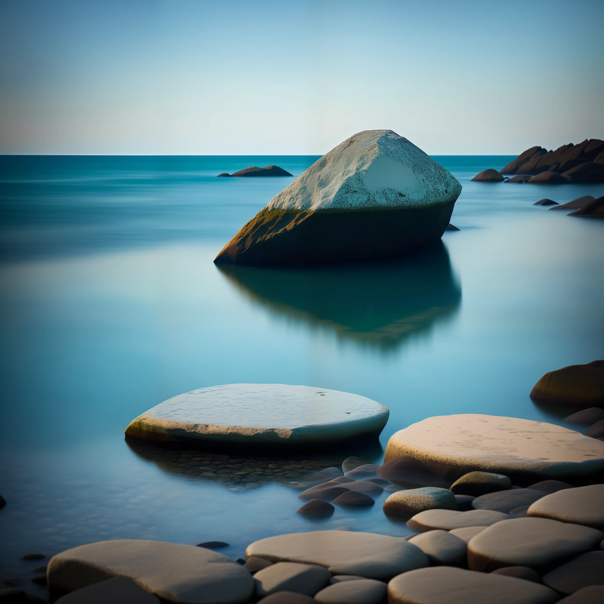 There is a big rock on the edge of the ocean, rochas flutuantes, reflexos suaves, pedras flutuantes, rochas lisas, serene emotion, Directed by: Etienne Delessert, flutuando em um poderoso estado zen, Estranhas pedras levitadas, calm water, balanced composition, perfectly calm waters, powerful zen composition, tranquilidade, superficial reflections, Rochas), rochas redondas lisas