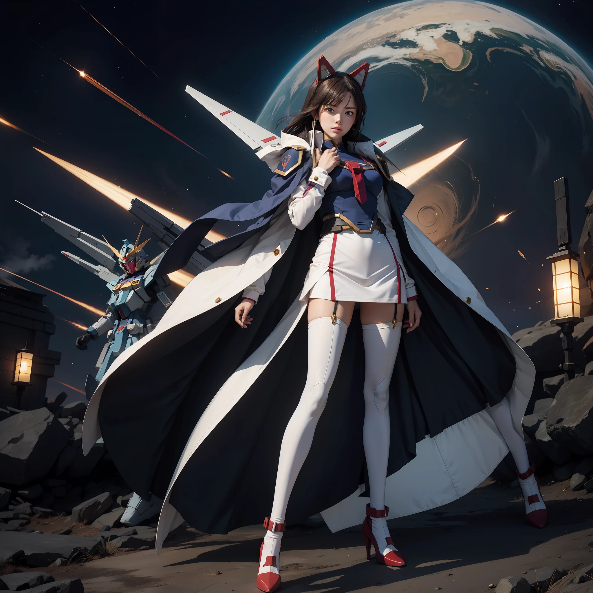 Gundam full body stands a beautiful woman in front