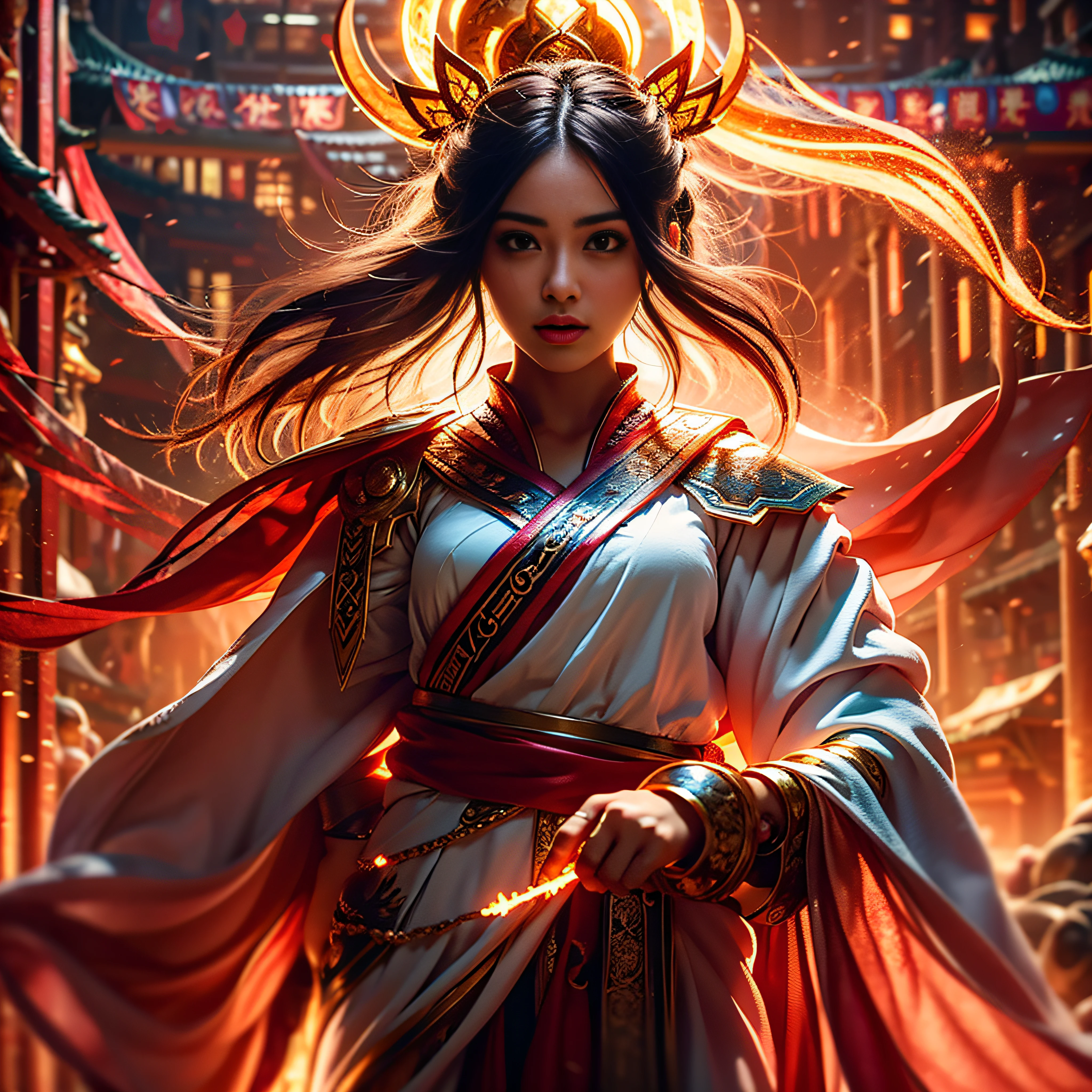 ighly detailed,tmasterpiece,Hyper High Detail,Beautiful and cool girls,Finger of details、Hands of details、Face of Details、More skin、Eye for detail、Mouth of details、Detailed full-body body、dynamic angle,World Mastery Theater,Long messy hair,best qualtiy,Highly detailed CG Unity 8k wallpaper,inky,astounding,电影灯光,Lens Flare Glow,ighly detailed,tmasterpiece,Hyper High Detail,8K、realisitic、Hair that flutters in the wind、Clothes fluttering in the wind、Costumes fluttering in the wind、Full body composition