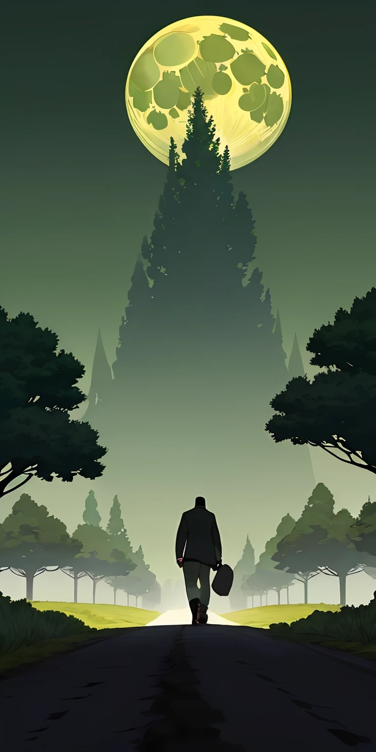 Black road green wallpaper with bushes and trees around it, a black man walking on this road and looking from a distance, a very big green moon, a big long black street road, green and black and dark, game wallpaper, so Game field