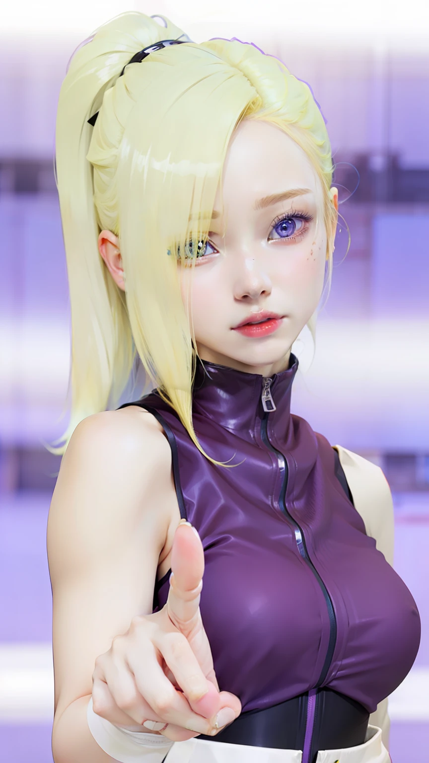 1girl, yamanaka ino, yellow hair, blue eyes, clothes purple, realistic, ultra detail