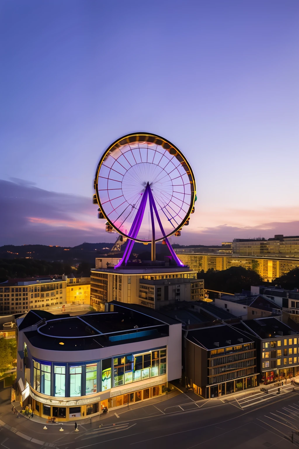 dvArchModern, 85mm, f1.8, portrait, photographrealistic, Hyper-realistic, orante, ultra-detailliert, iintricate, dramatics, Sunset lighting, shadowing, HighDynamicRange,high-class,uncanny,Purple sky,with people coming and going,he Ferris wheel