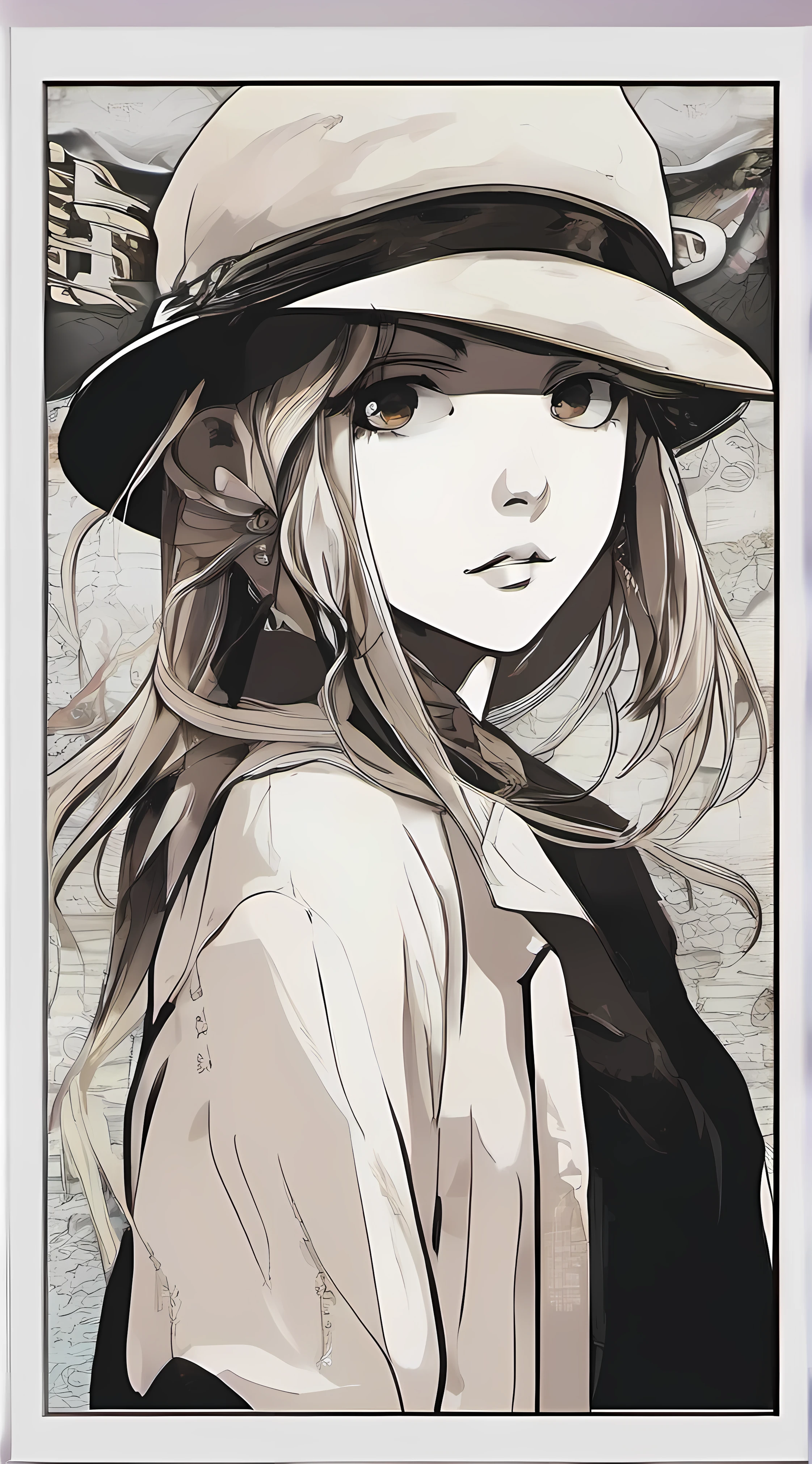 A stylish poster in cool colors,Black and white English letter background wall full of period atmosphere,The heroine has an unruly expression,Asian face blonde,Beautiful Japanese anime style,The background wall is only black and white,Character coloring does not have too bright colors,Cooler tones
