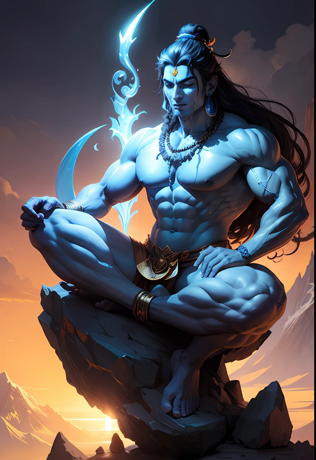 God Shiva, handsome, blue skin, eyes closed, sitting with folded legs, on mount Kailash, wearing tigerskin, robust, sinewy muscles, long hair tied in a bun, trident in the background, front view, full body, graceful, realistic, light effects, by Boris Vallejo, Frank frazetta, Louis royo