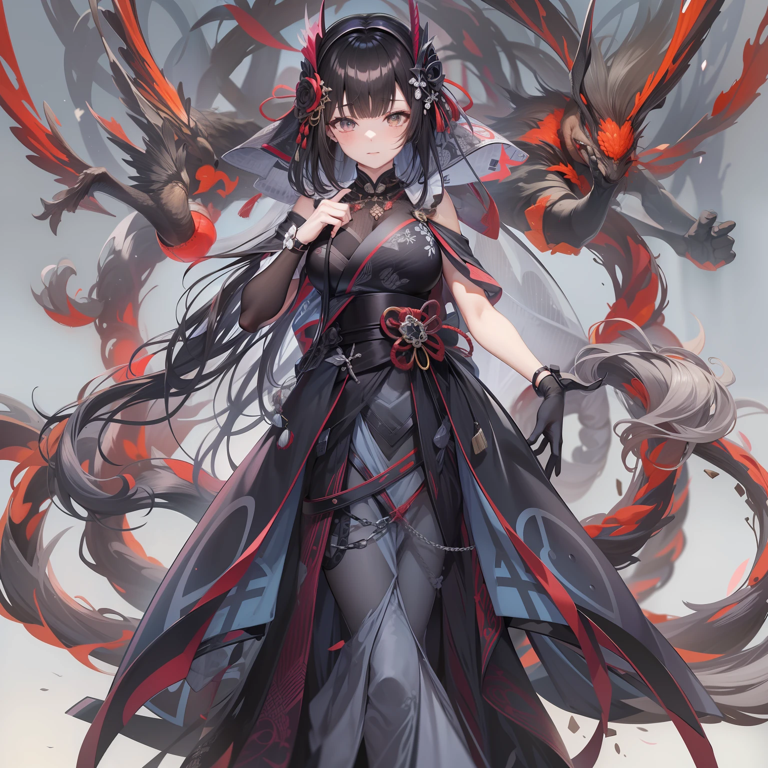 obra-prima, ultra-detalhado, extrema qualidade, melhor qualidade, highres, 1girl, JAPANESE CHARACTER, cabelos brancos, chifres vermelhos, olhos verdes, segurando uma metralhadora, vestido negro, armadura detalhada com espinhos