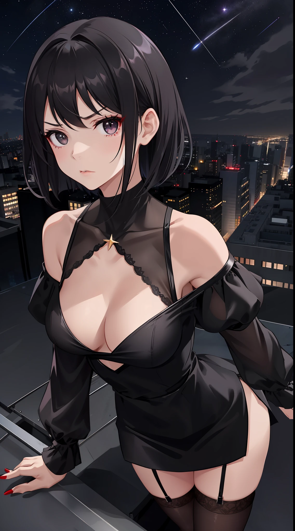 one-girl,little breast,Off-the-shoulder attire,cleavage,adolable,Fit in shape,Black color hair,short detailed hair,Black eyes,city night scene,on the rooftop,Superskirt,black lence stockings,Be red in the face,scowling,looks into camera,the night,galactic,meteors,Petite figure